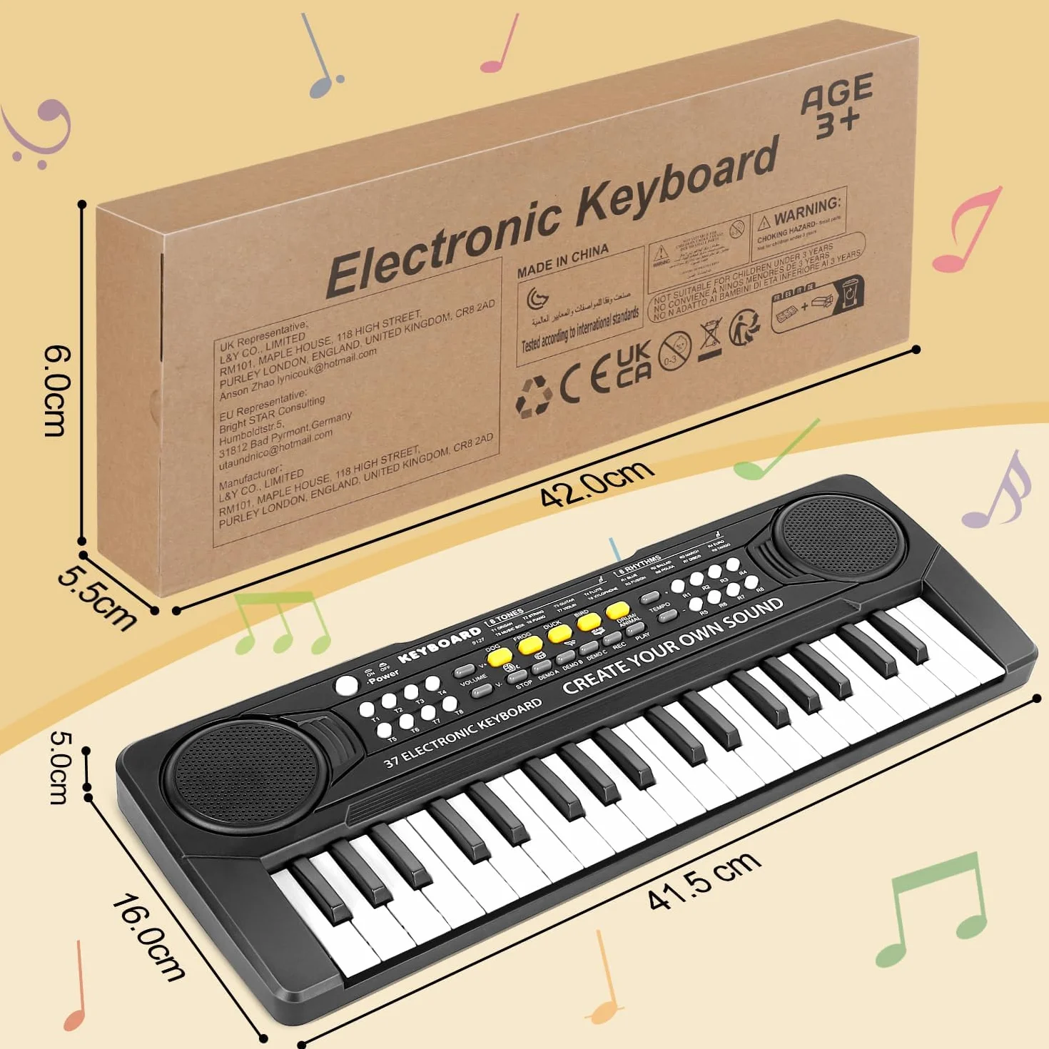 Teclado Electrónico Piano 37 Teclas,Teclado de Piano Portátil para niños con Fuente de Alimentación, Música Digital ,Educativa Regalo para Niños/Principiante Negro