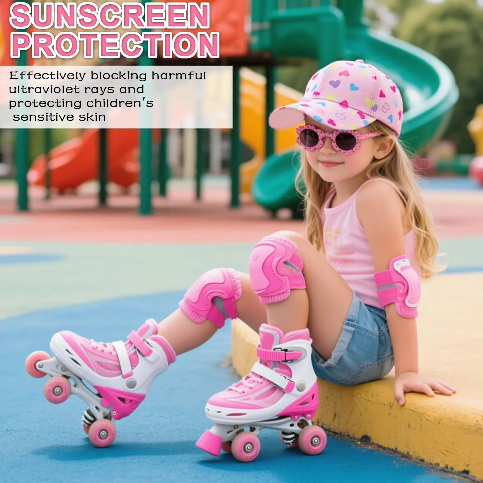 Gorra de Niña con Visera y Gafas de Sol Florales Set Verano Transpirable Ajustable 52-56 cm Rosa
