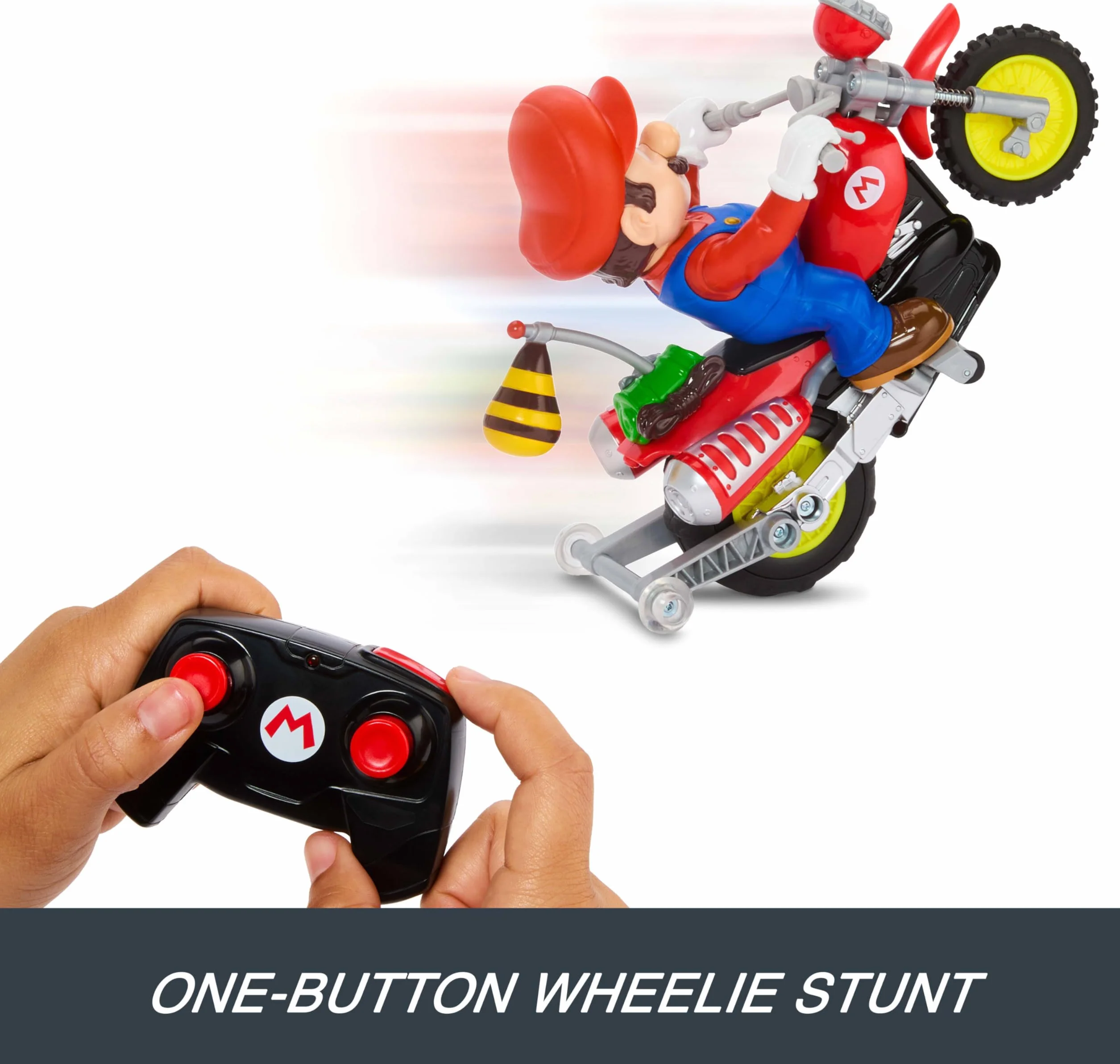 Hot Wheels Mario Kart Moto teledirigida, Moto de Motocross teledirigida para Hacer caballitos de “Super Mario Galaxy: la película” con Figura de héroe, JML15