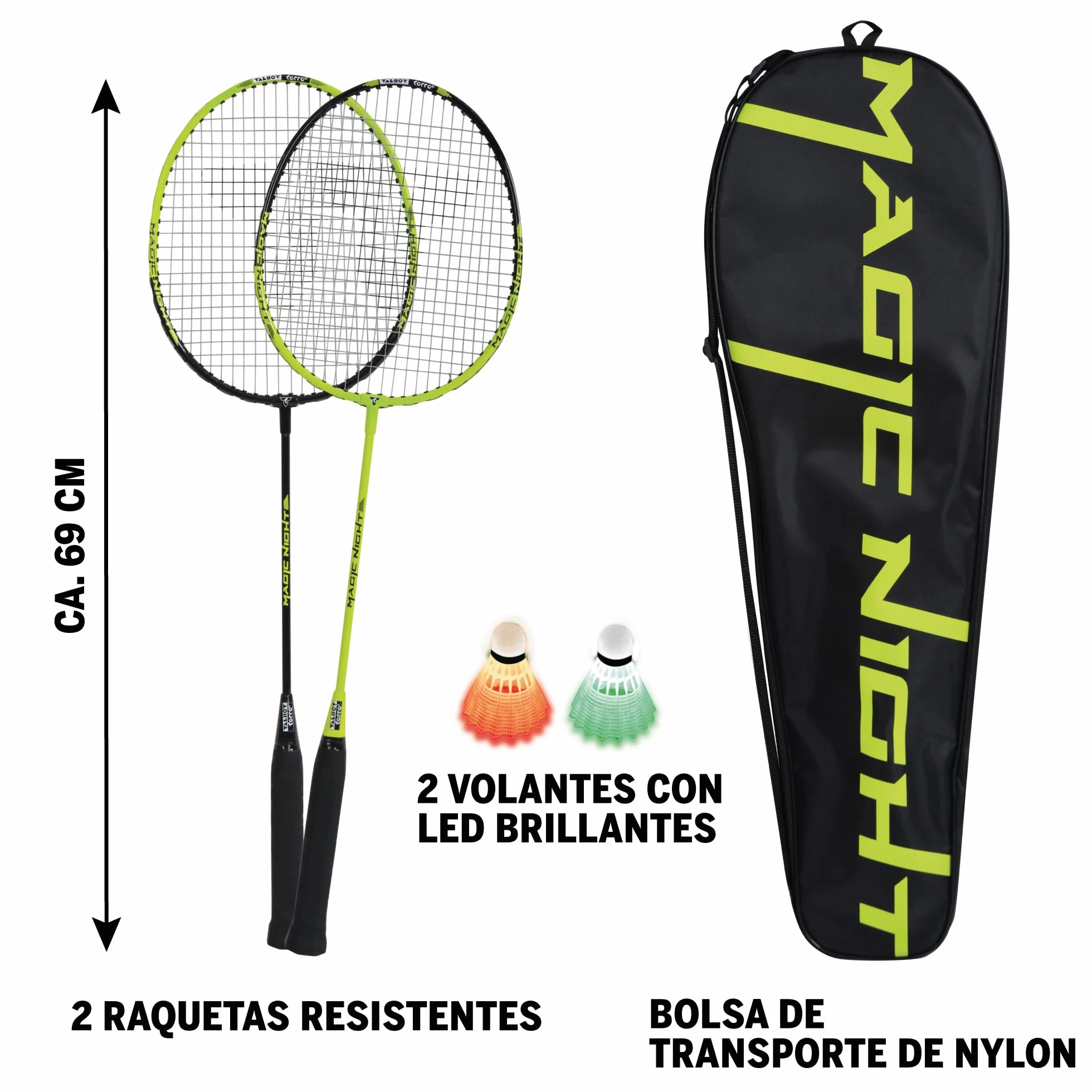 Talbot Torro Set de Badminton Magic Night 2 Raquetas 2 Volantes LED Bolso 449405