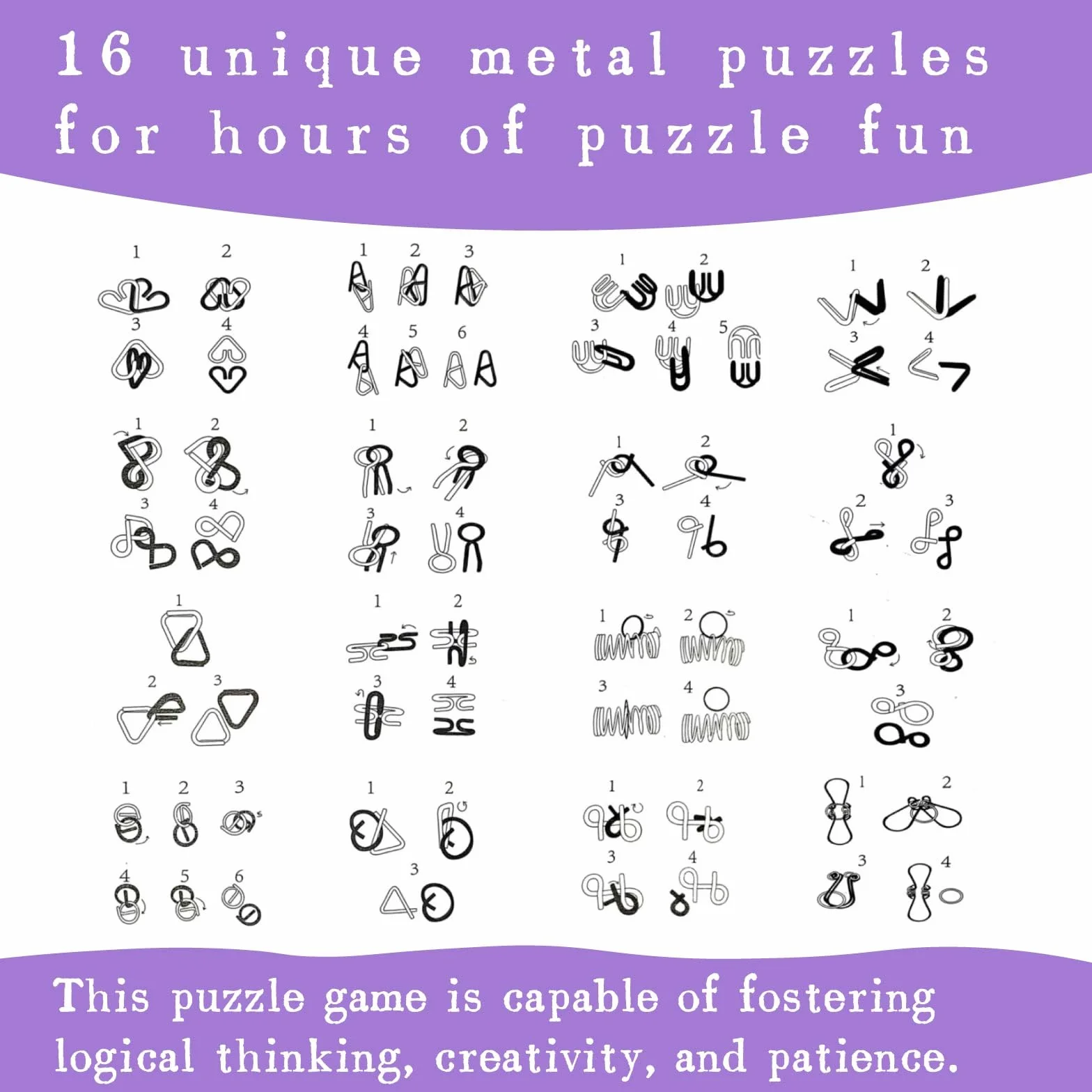 Juego de 16 piezas de rompecabezas IQ para juegos de ajos para adultos y niños a partir de 6 años, juegos de habilidad con tarjetas de solución, juguetes educativos, juegos de viaje, idea de