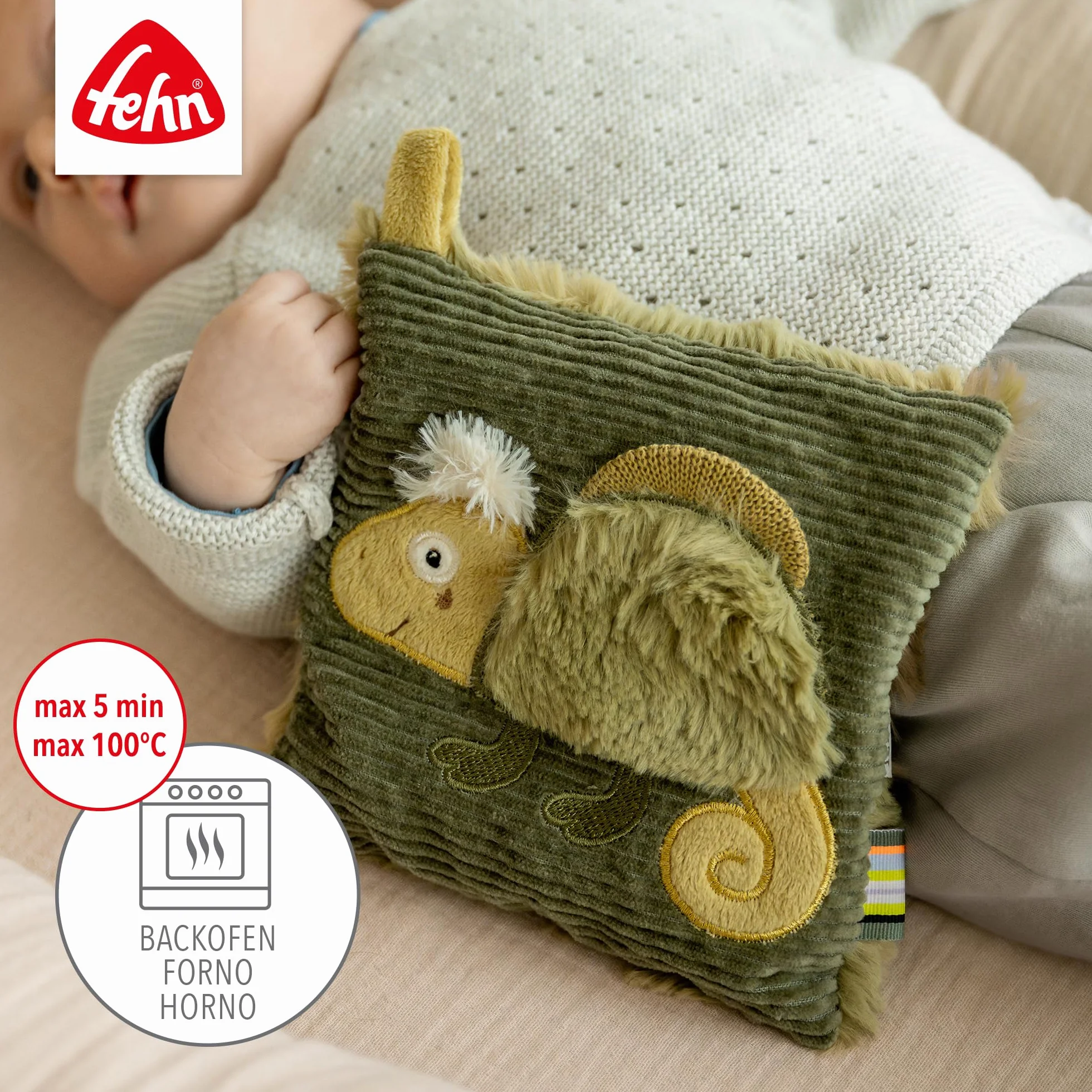 Fehn Kirschkernkissen Chamäleon – Kuschelkissen mit entnehmbarem Wärme-/ Kältesäckchen für Babys und Kleinkinder