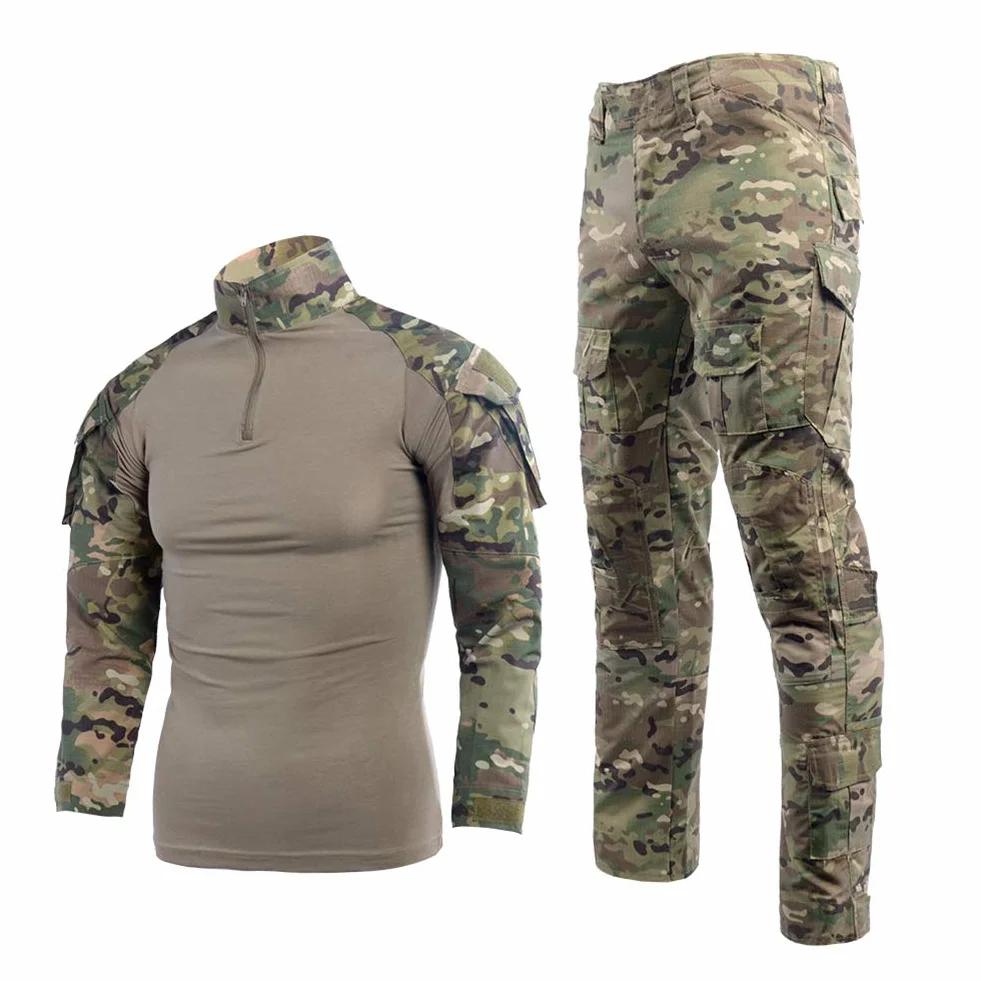 Traje de camuflaje para hombre BDU, camiseta de combate paintball, pantalones tácticos manga larga cremallera 1/4, ropa de caza militar