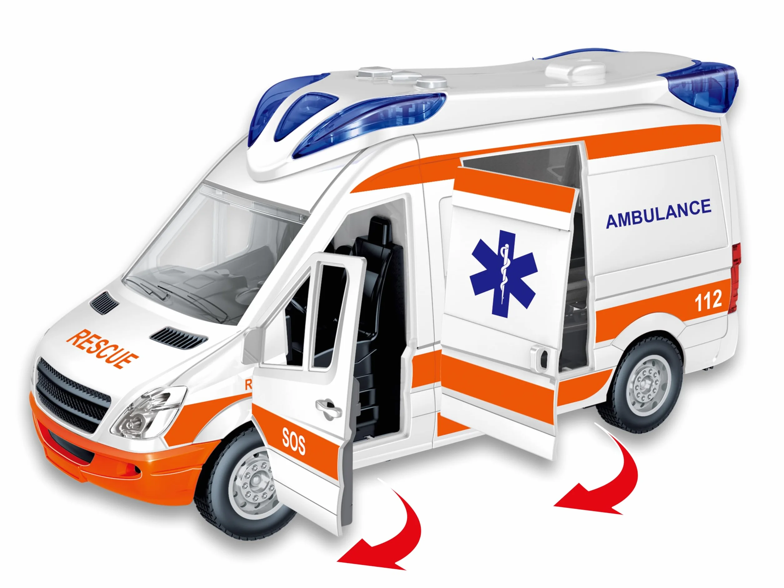 Teorema – Ambulancia Play City Escala 1:12, Juguete de Primeros Auxilios para niños, vehículo de Emergencia con Luces, Sonidos y Camilla Ajustable