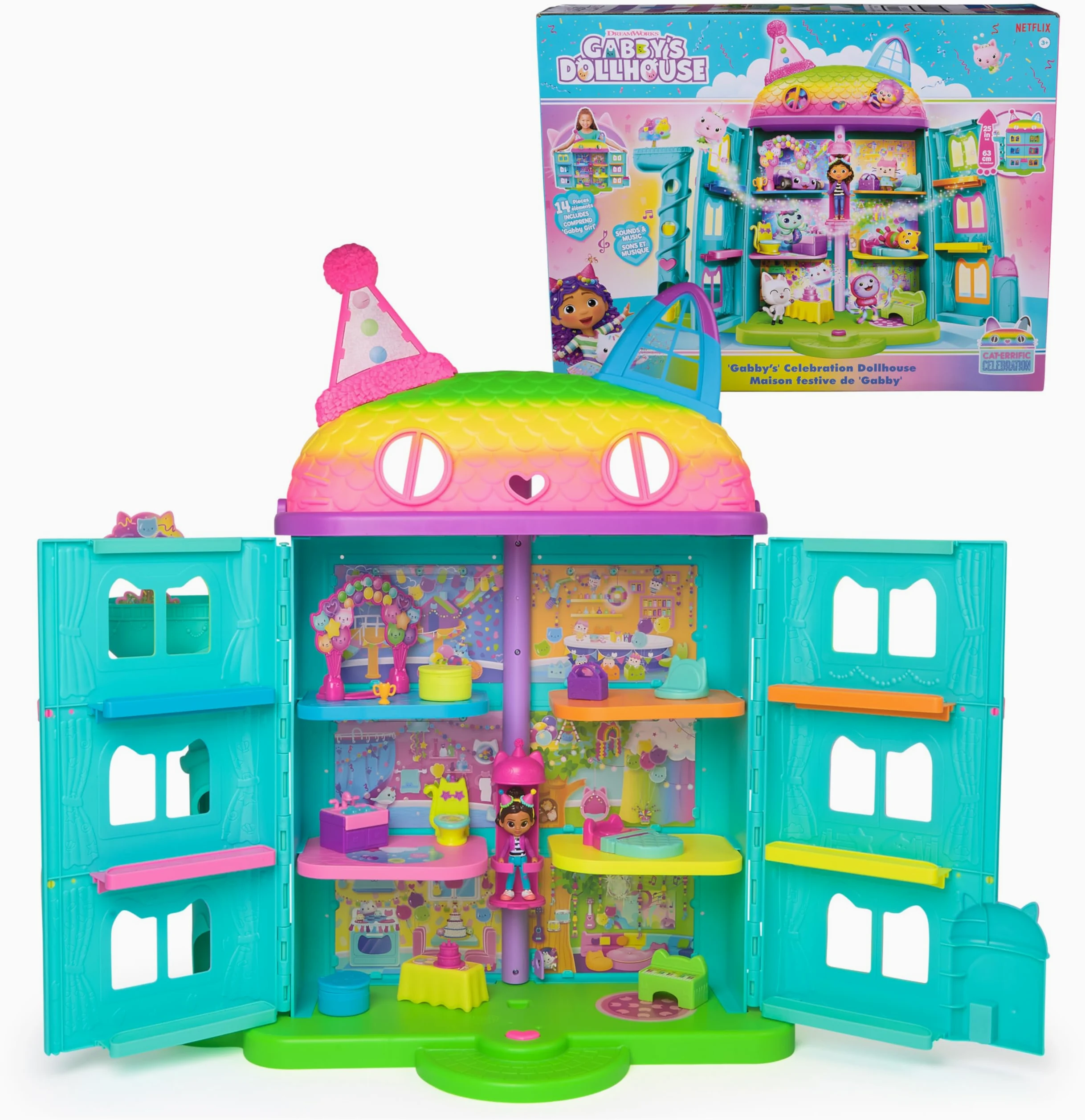 LA CASA DE MUÑECAS DE GABBY - CASA DE MUÑECAS FESTIVA GABBY'S DOLLHOUSE CON SONIDOS, FIGURA, 14 ACCESORIOS ARCOIRIS Y 2 CAJAS SORPRESA - 6070742 - Juegos Infantiles - Juguetes Niños 3 años +