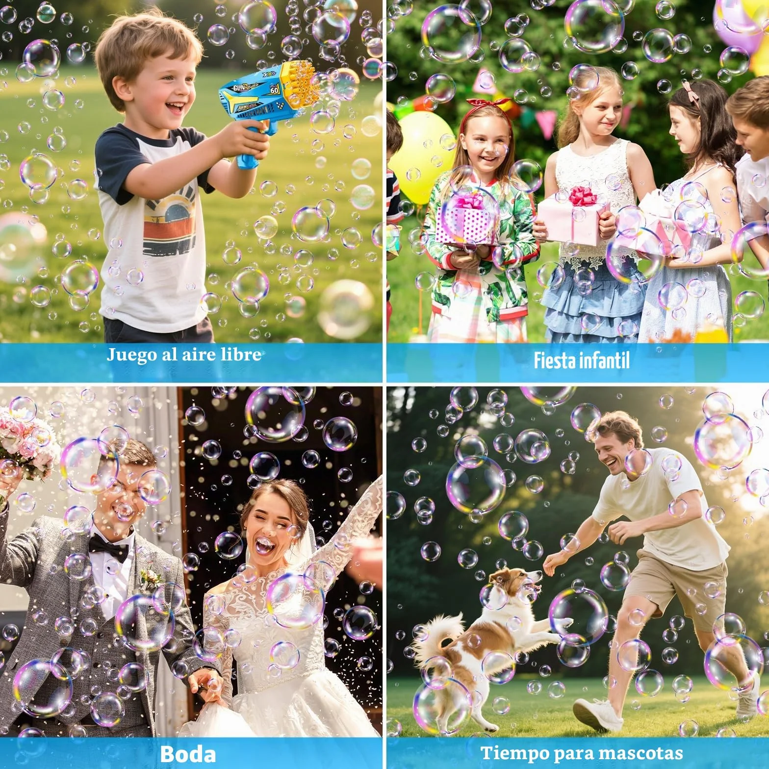 Pistola de Burbujas, 2 Piezas Máquina Automática Pompas de Jabón, con 4 Botellas de solución, 10 Packs Solución de Recarga de Burbujas, para Niños, Adultos, Juguete de Verano