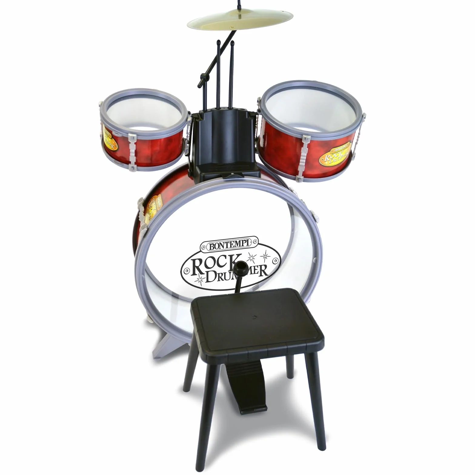 Bontempi BeatMaster: Batería para niños con sonidos realistas y mucha diversión, rojo y transparente, 500x500x680 mm