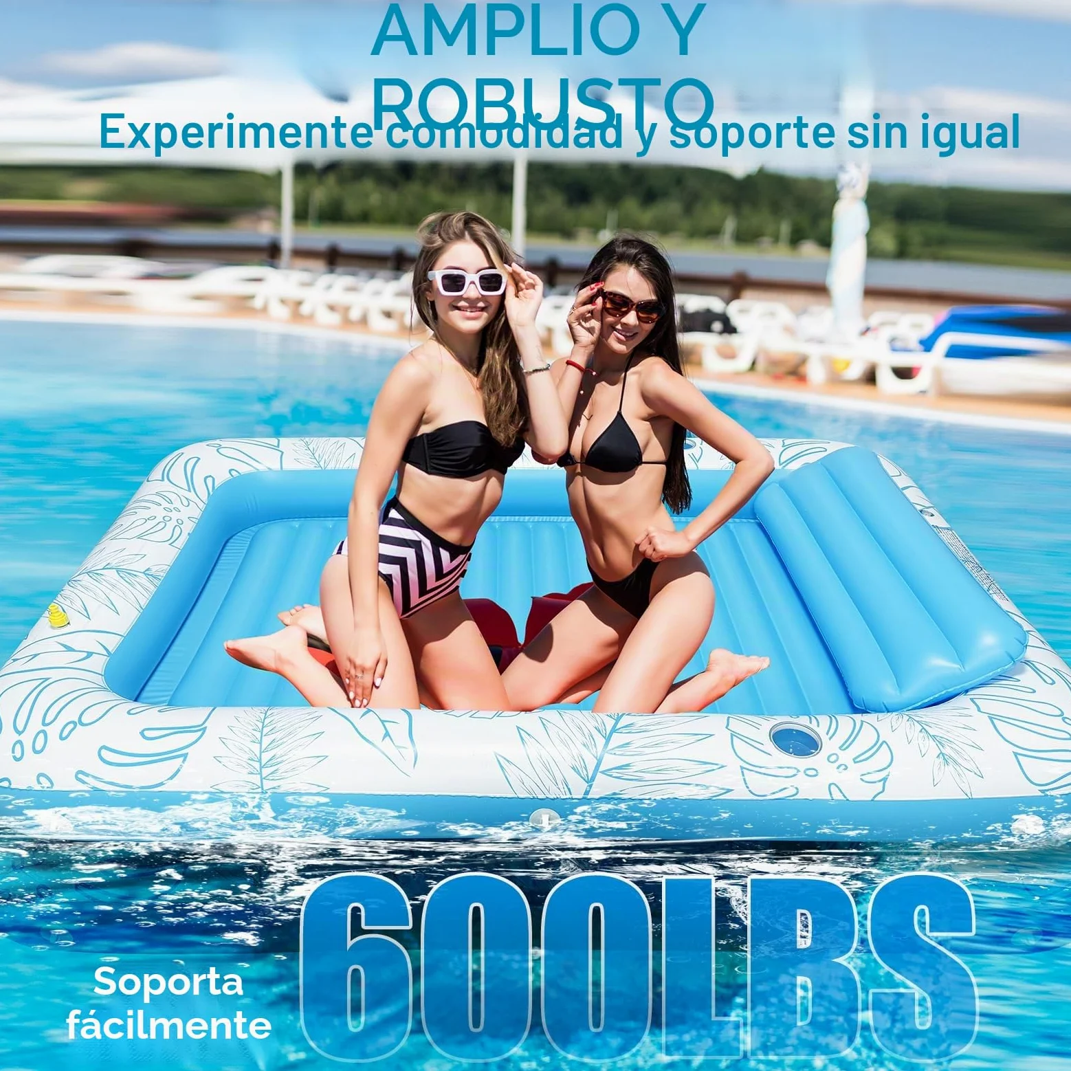 Flotador Inflable Extragrande de 85 x 57 Pulgadas para Piscina de Bronceado con aspersor y portavasos, balsa de Piscina para Adultos para Patio Trasero, Playa o Lago, Rosa/Azul, PVC Duradero, soporta