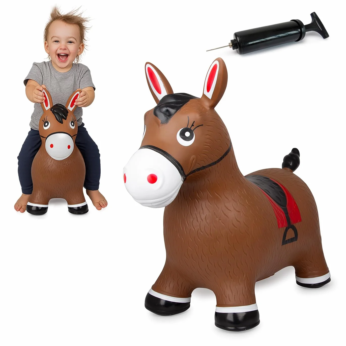 Jamara 460597 - Animal Saltarín Caballo Marrón con Bomba – Peso hasta a 50 kg, Orejas como Soporte, Resistente, Promueve el Sentido del Equilibrio, Simple de Limpiar