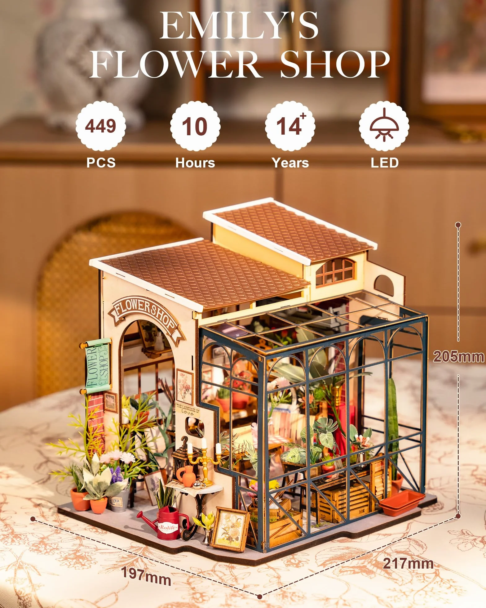 Rolife Casa de Muñecas en Miniatura La Floristería de Emily Casa de Muñecas de Madera para Adultos Book Nook Librería Decoración del Hogar Regalo Cumpleaños