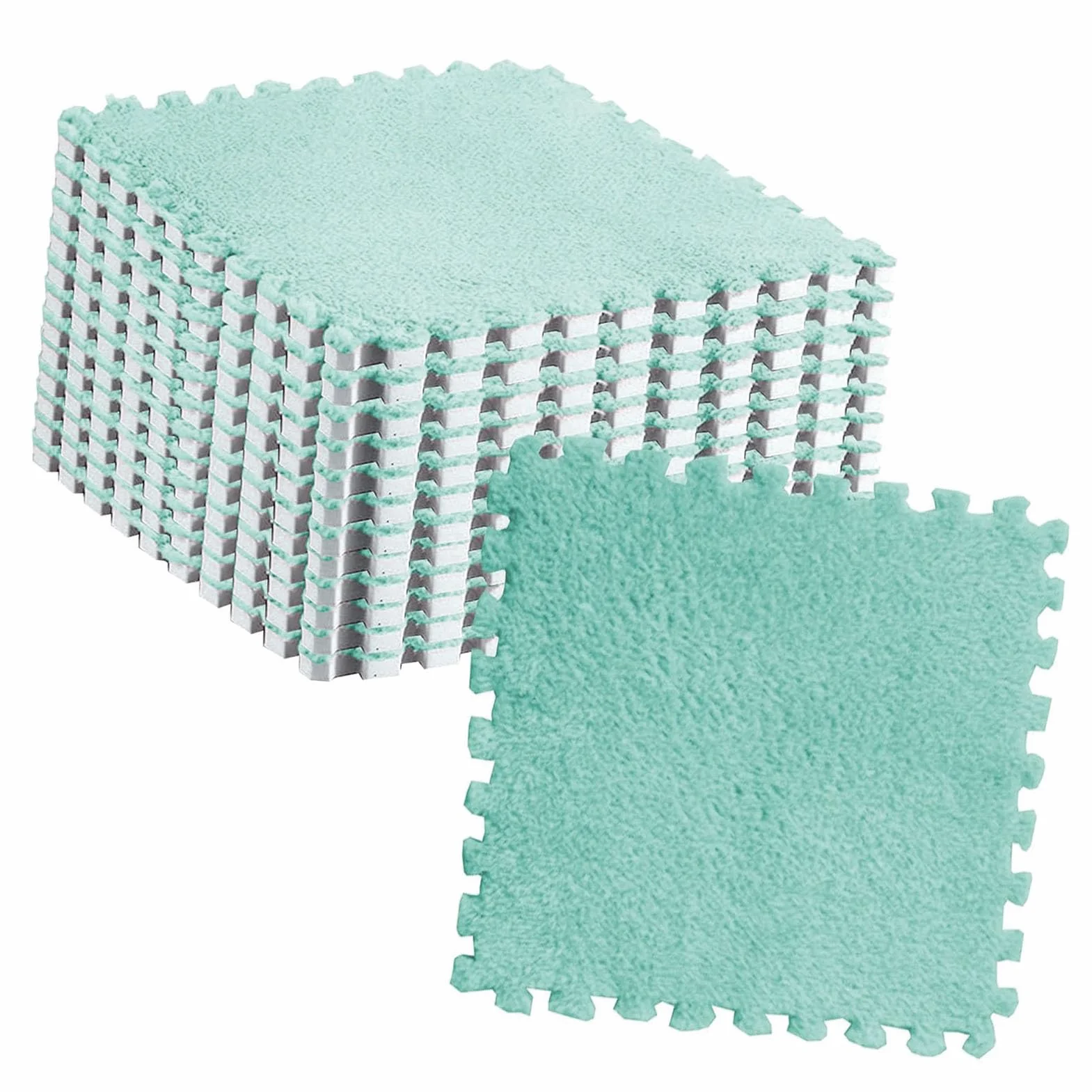 10 Uds. Alfombra de Espuma de Rompecabezas de Felpa de 30x30cm/11,8x11,8 Pulgadas, Alfombra Antideslizante para el Suelo de la Habitación (Menta verde)