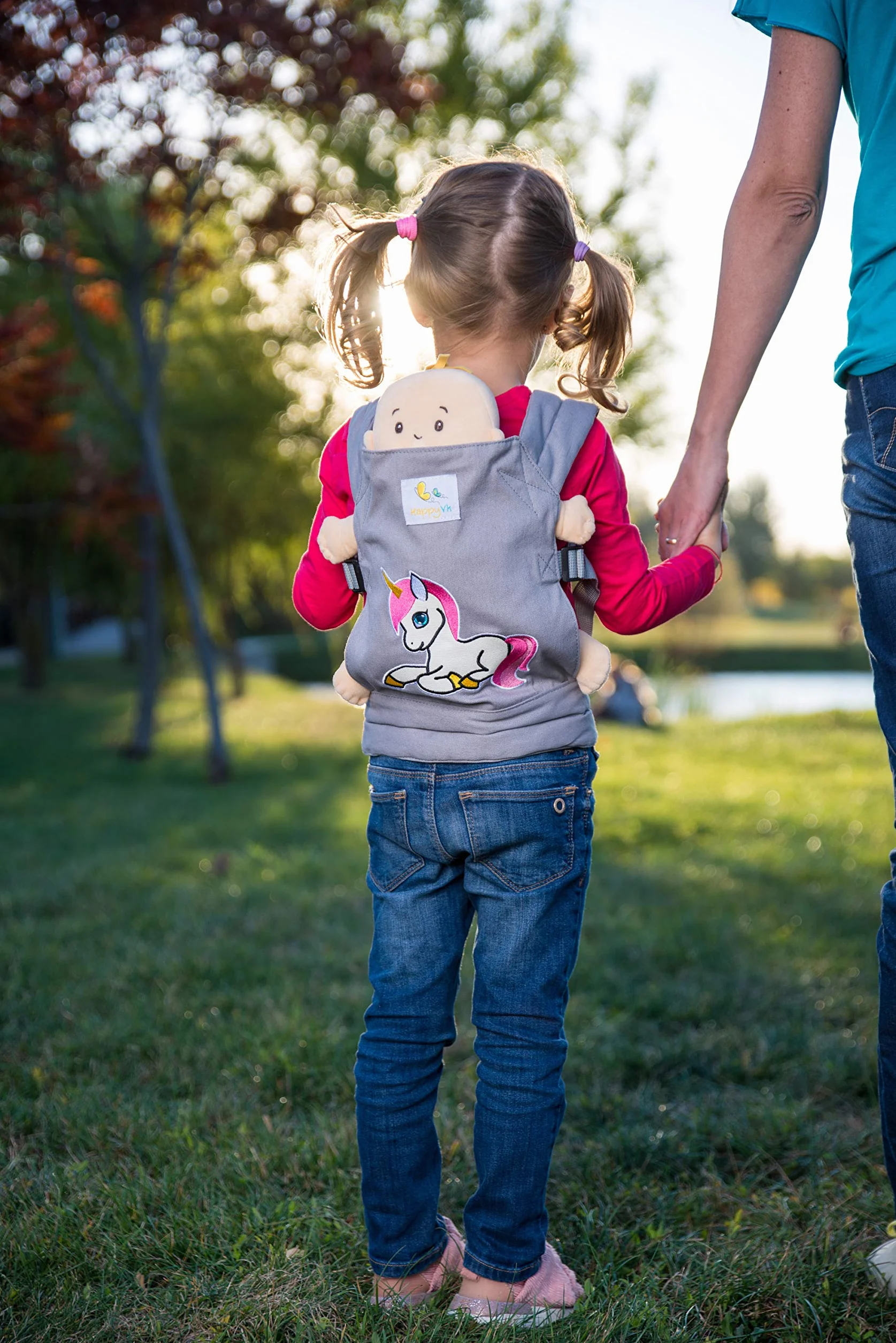 Mochila Portamuñecas para Niños Pequeños, Porta Muñecas Transporte Delantera y Trasera, Gris con Bordado de Unicornio