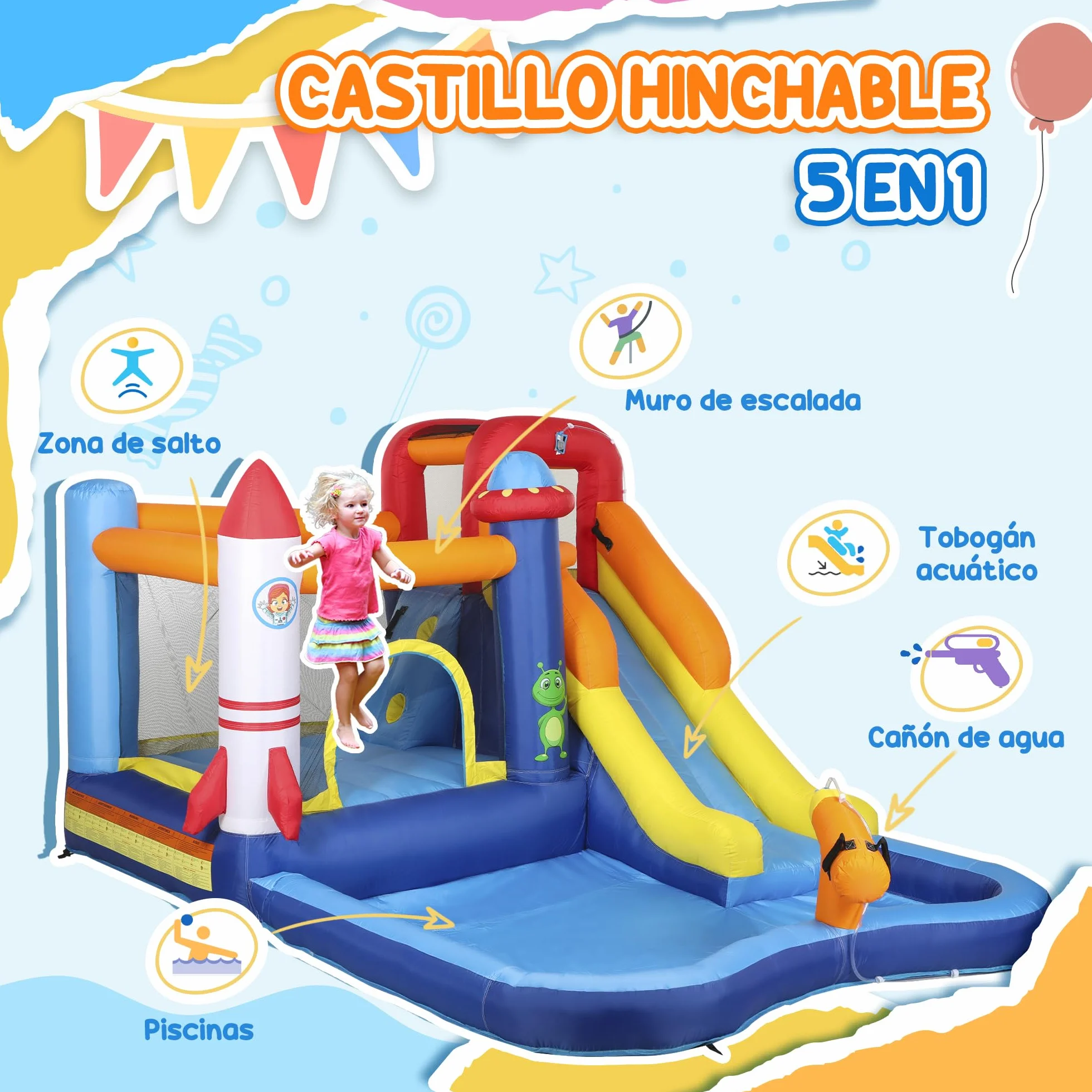 AIYAPLAY Castillo Hinchable con Soplador 5 en 1 Parque Acuático Hinchable para Niños con Tobogán Piscina de Chapoteo Escalada y Cañón de Agua para Exterior Interior 360x250x195 cm