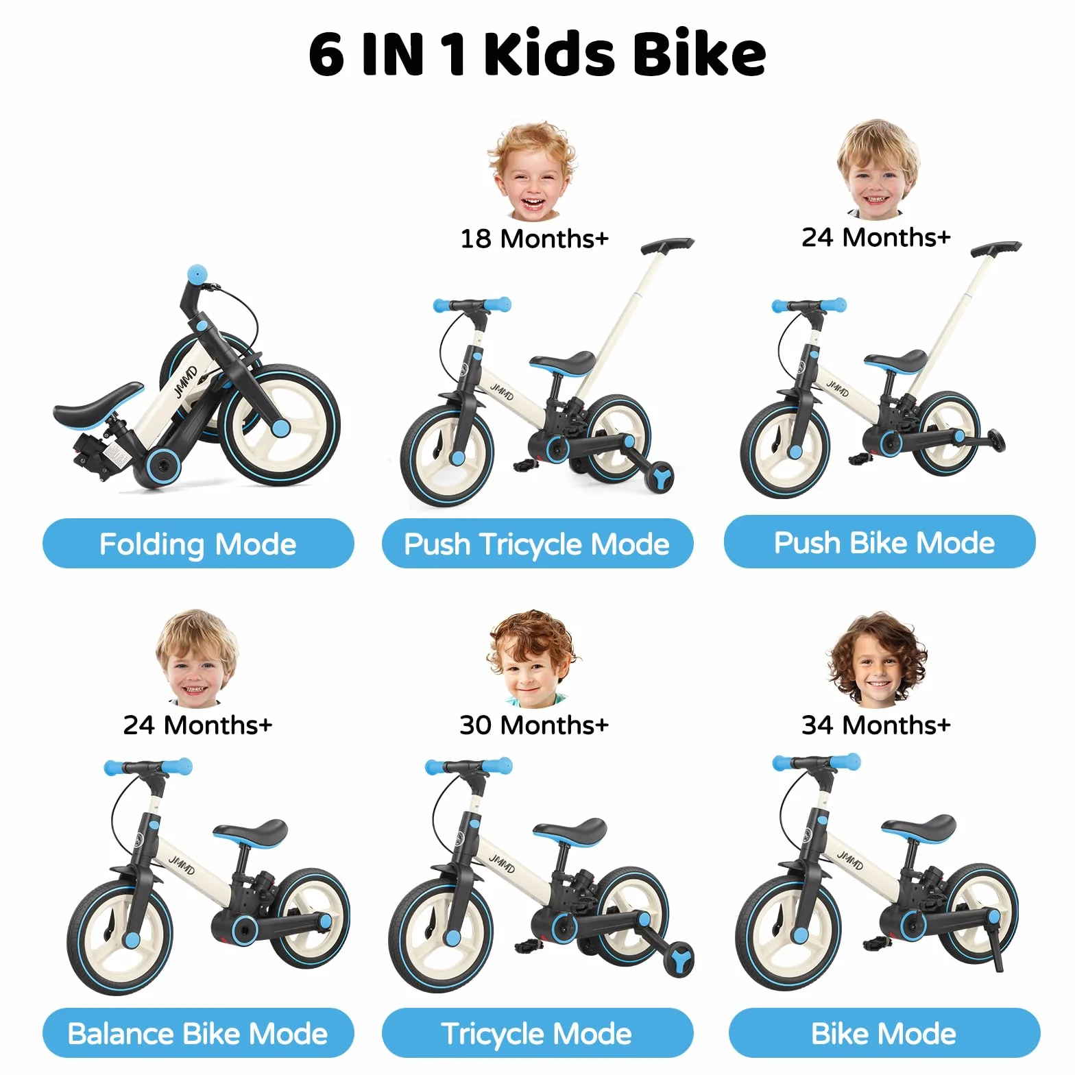 JMMD Bicicleta 6 en 1 para Niños Pequeños con Ruedas de Entrenamiento y Pedales, Edad 18 Meses a 5 Años, Bicicleta de Equilibrio y Pedal 12" Transformable y Plegable