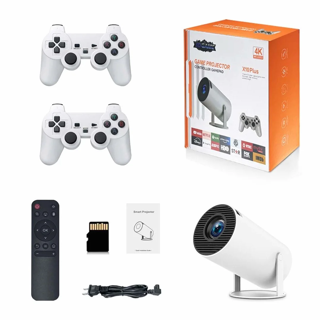 TechBrix X10 Plus - Consola de juegos retro con proyector, proyector de juegos retro 4K HD con 2 controladores inalámbricos, salida HDMI, WiFi