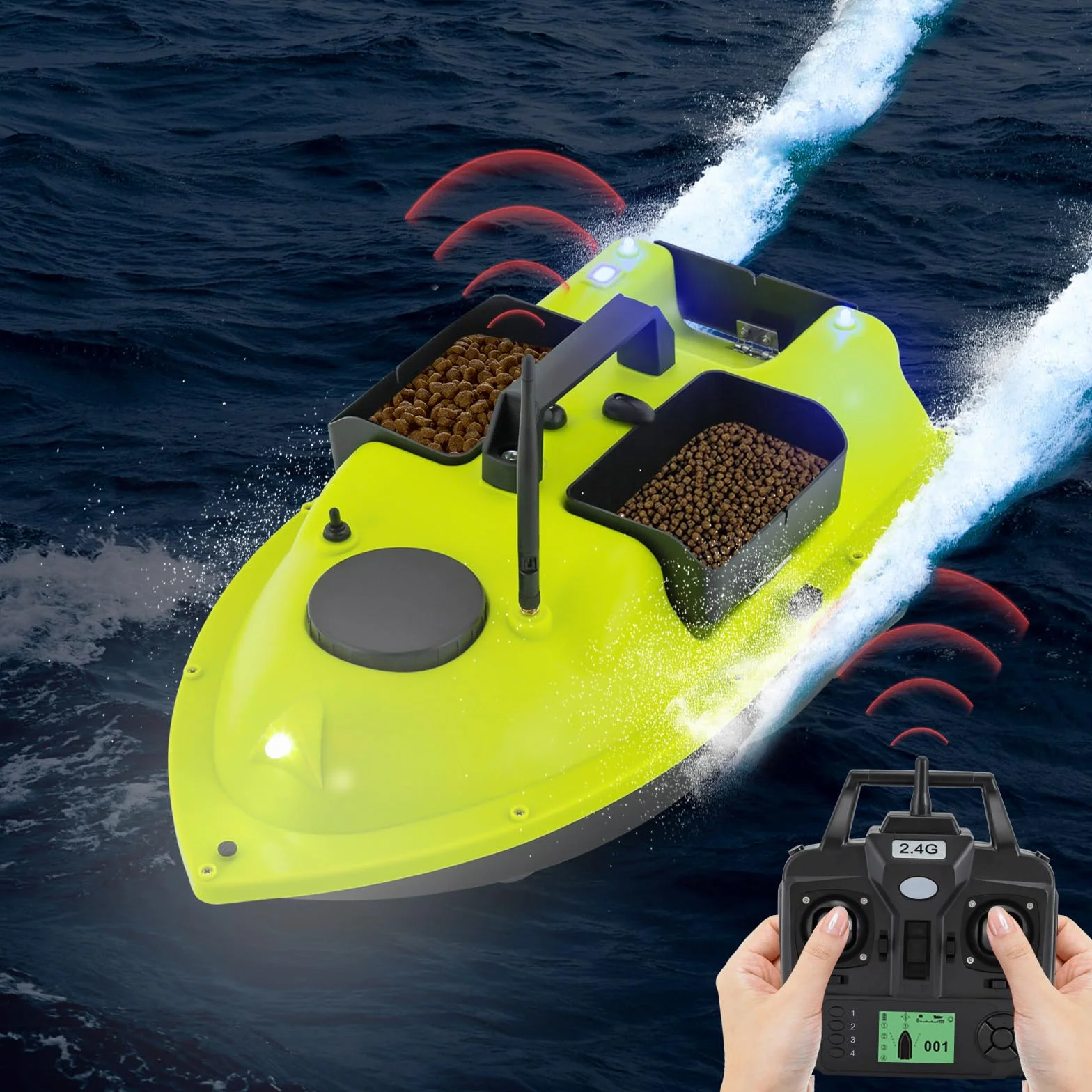 Barco de pesca con GPS, 99 posiciones, motor dual de 52 W, batería de 90 min, alcance de 600 m, mando a distancia LCD, incluye bolsa de transporte