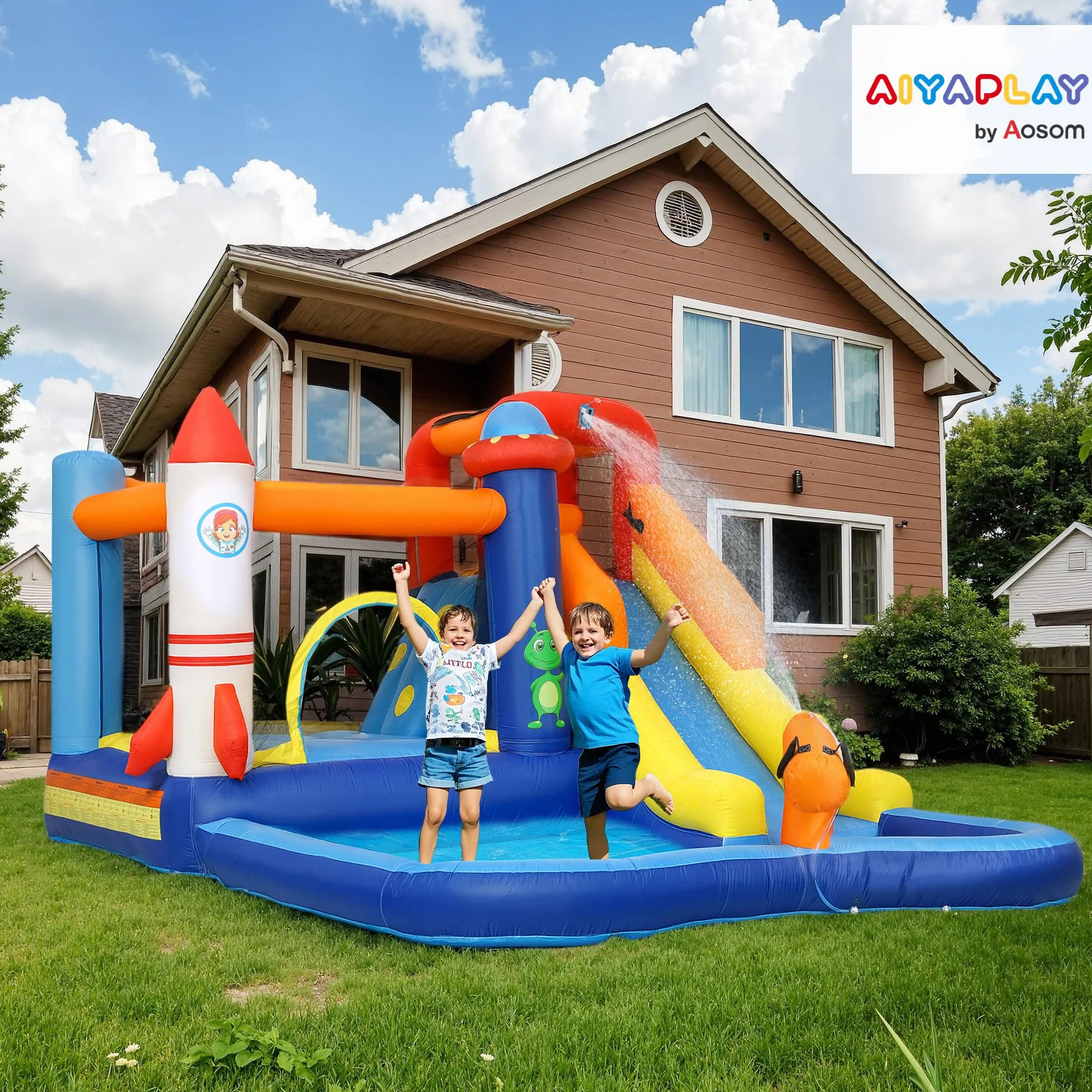 AIYAPLAY Castillo Hinchable con Soplador 5 en 1 Parque Acuático Hinchable para Niños con Tobogán Piscina de Chapoteo Escalada y Cañón de Agua para Exterior Interior 360x250x195 cm