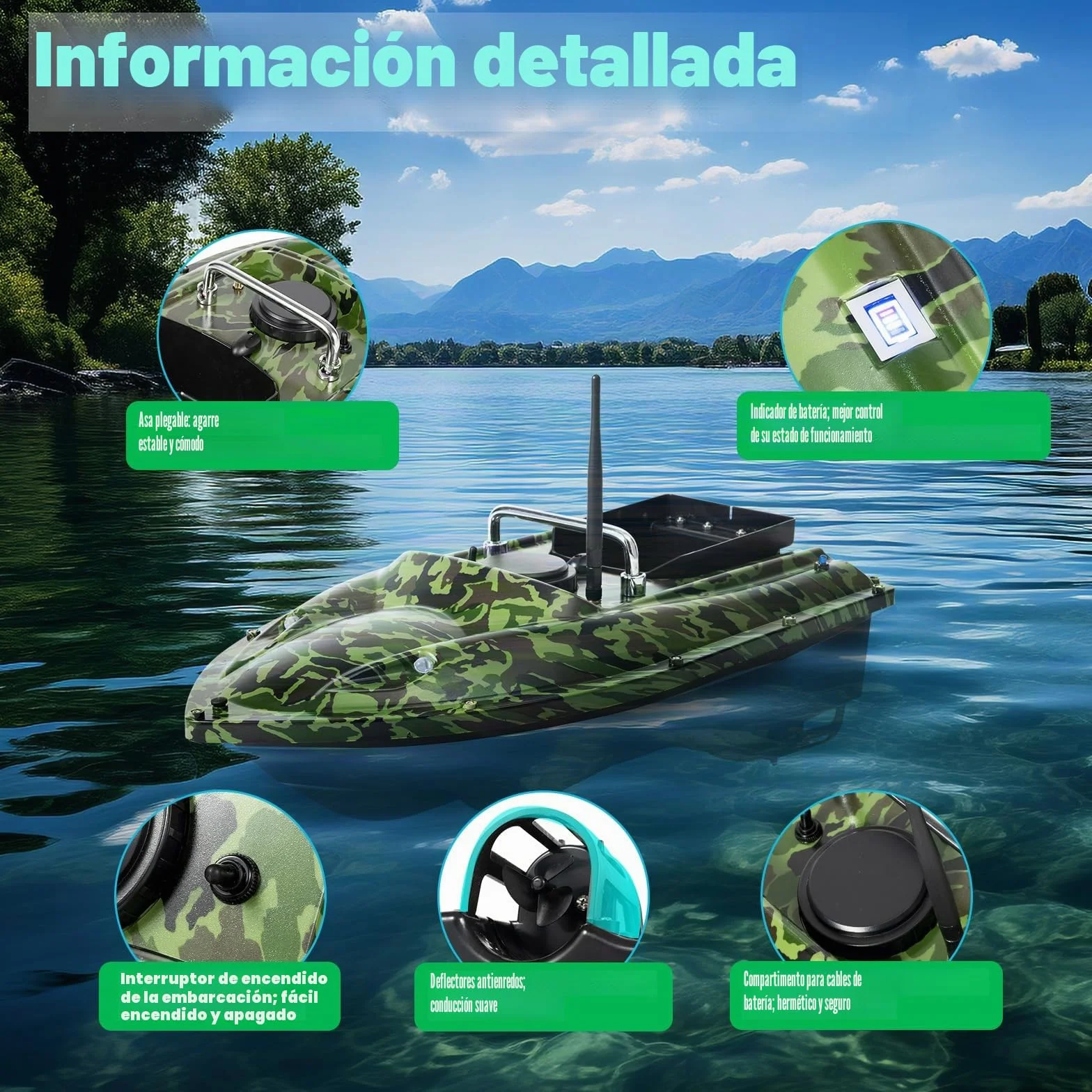 Barco Cebador Pesca Barco De Cebo para Pesca Barco De Señuelo Teledirigido De 500 Metros Mango Plegable,Capacidad 1,5 kg,Adecuado para Lago, Río, Mar,(Barco De Camuflaje Barco)