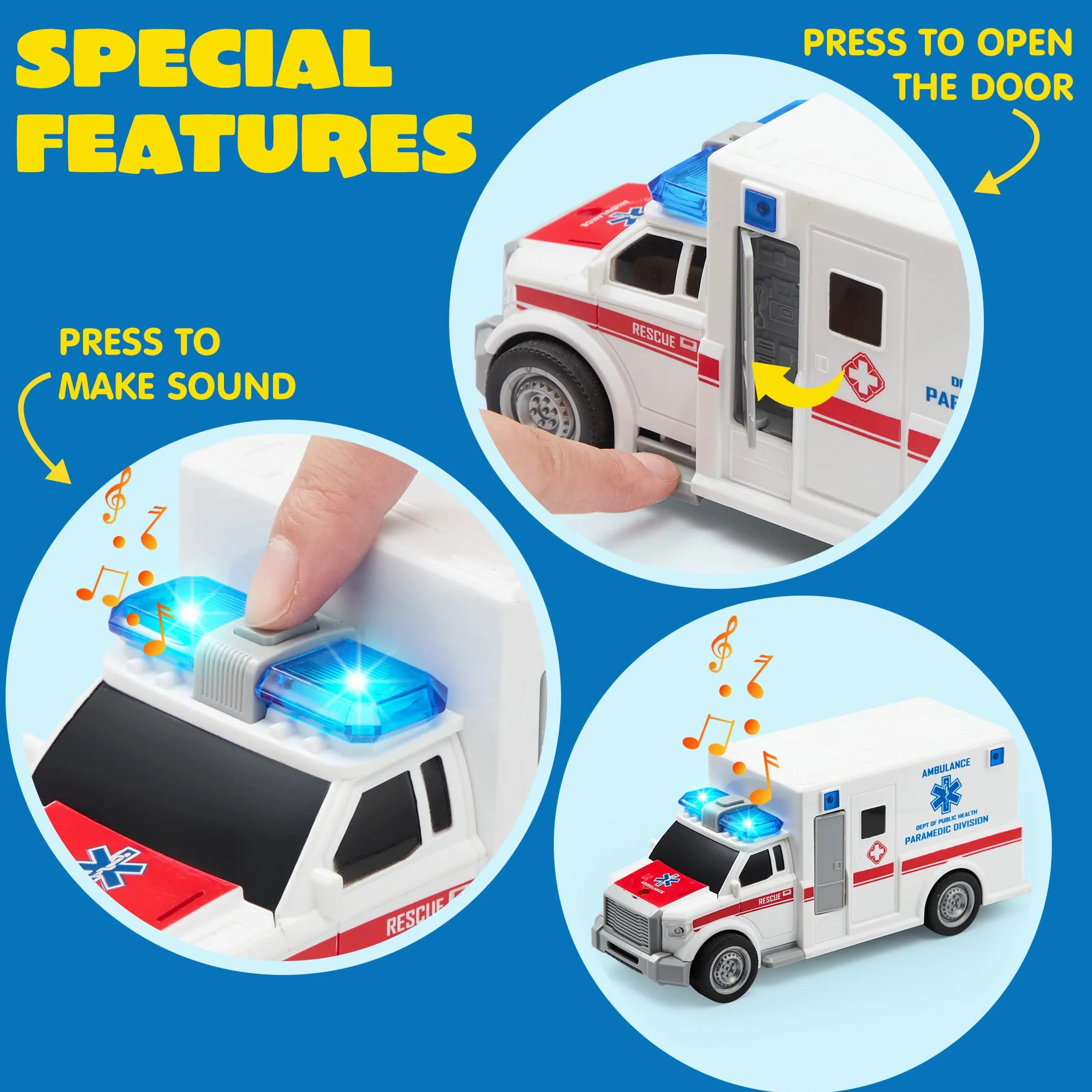 JOYIN Juego de 4 héroes urbanos impulsados por fricción Que Incluye camión de Bomberos, Ambulancia, Coche de policía y helicóptero, vehículos de Emergencia con luz y Sonido