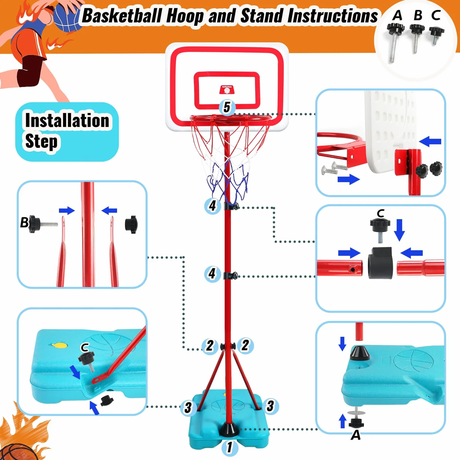 TONZE Canastas Baloncesto Infantiles Exterior Interior Altura Ajustable Balon Baloncesto Regalos Cumpleaños Infantil Regalos para Niños Juguetes Niños 3 4 5 6 Años,88cm a 190cm