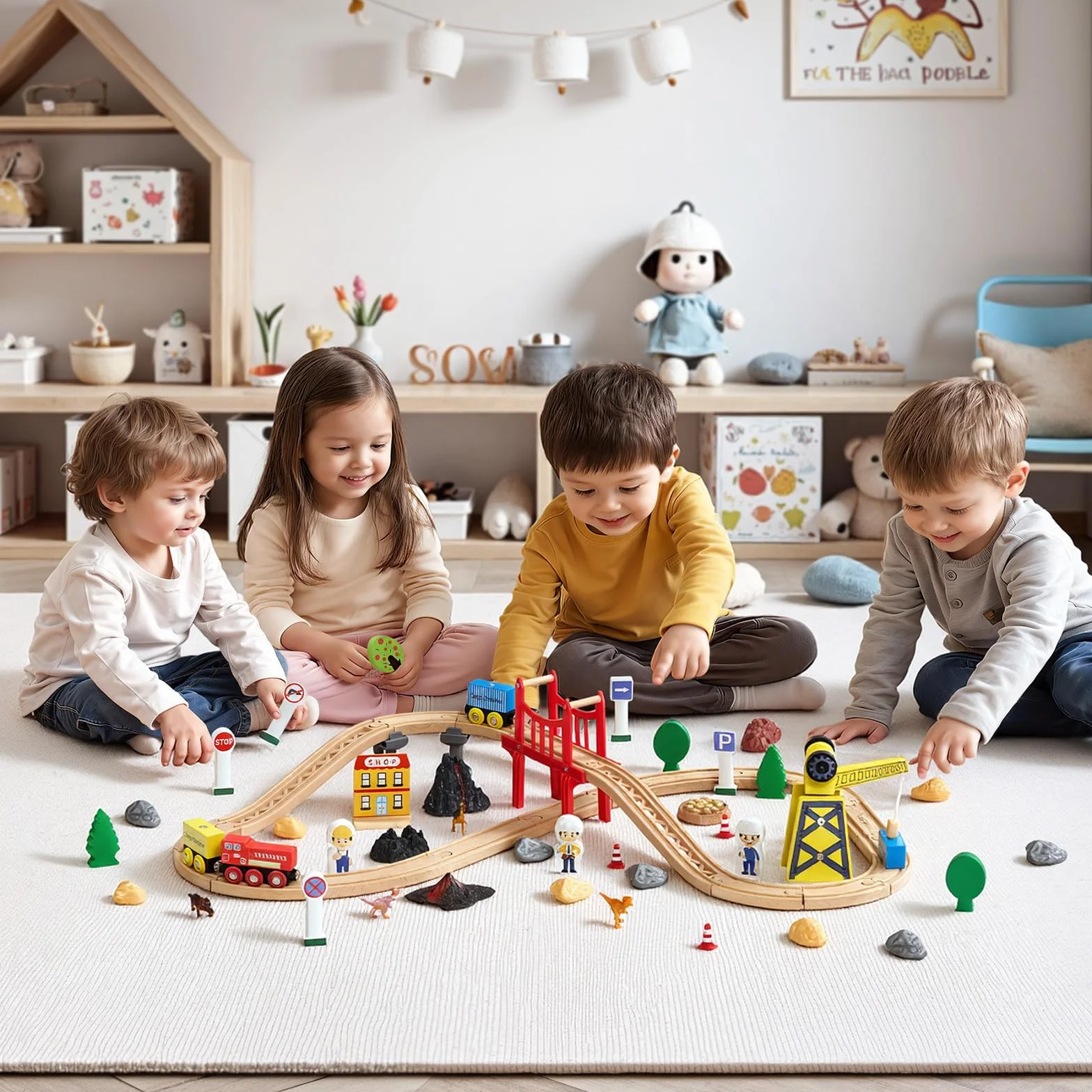VEVOR Juego de Tren de Madera con Pistas, 70 Piezas con Accesorios, Grúa Magnética Camión Dinosaurio, Diseños Múltiples, Set Educativo, Juguete Compatible con Marcas Principales para Niños 3 a 8 Años