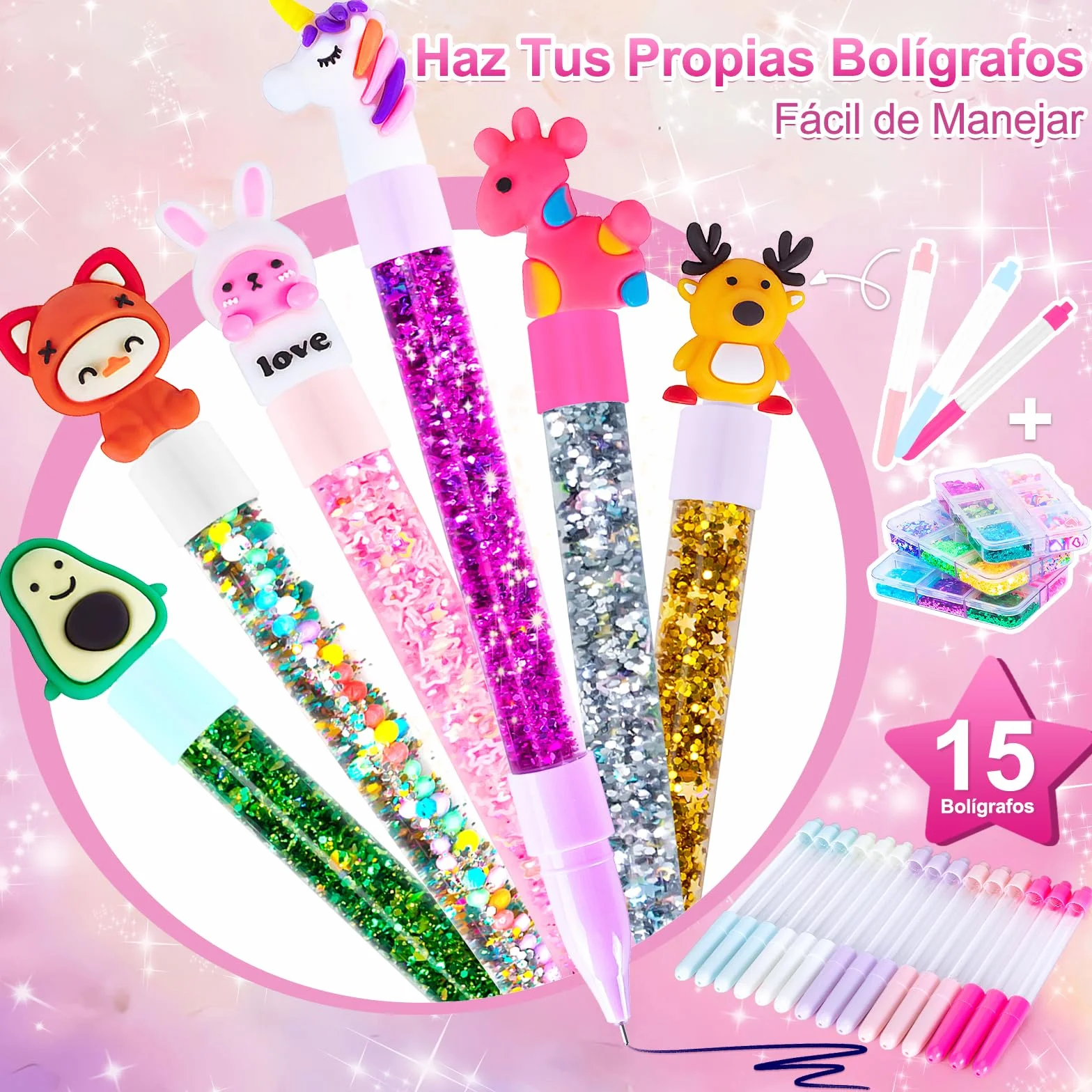 Kazzley Kit de Creación de Bolígrafos con 55+ PCS, Cree 15 Bolígrafos Personalizados, Manualidades Niños 5 6 7 8 9 10 años, Juego Creativo Infantil, Regalo Juguetes para Niños y Niñas