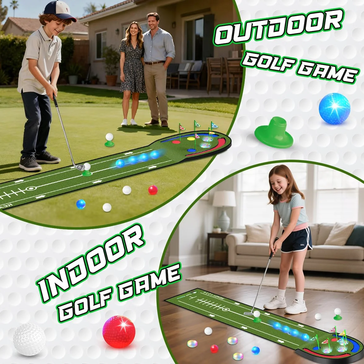 TERRAMUS - Tapete de Golf Mejorado para niños, Green de 2,3 m con Hoyos iluminados con LED, Bolas Brillantes, 2 Palos, Juego de Golf de Juguete, tapete de Golf para Interior y Exterior