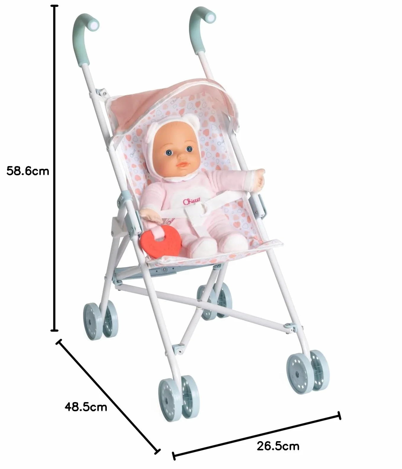 Chicco Cochecito para Muñecas My First Doll, para niños a Partir de 3 años, Cochecito de Juguete con 4 Ruedas, Ligero y fácil de Plegar, Asiento de Tela y Capota Plegable