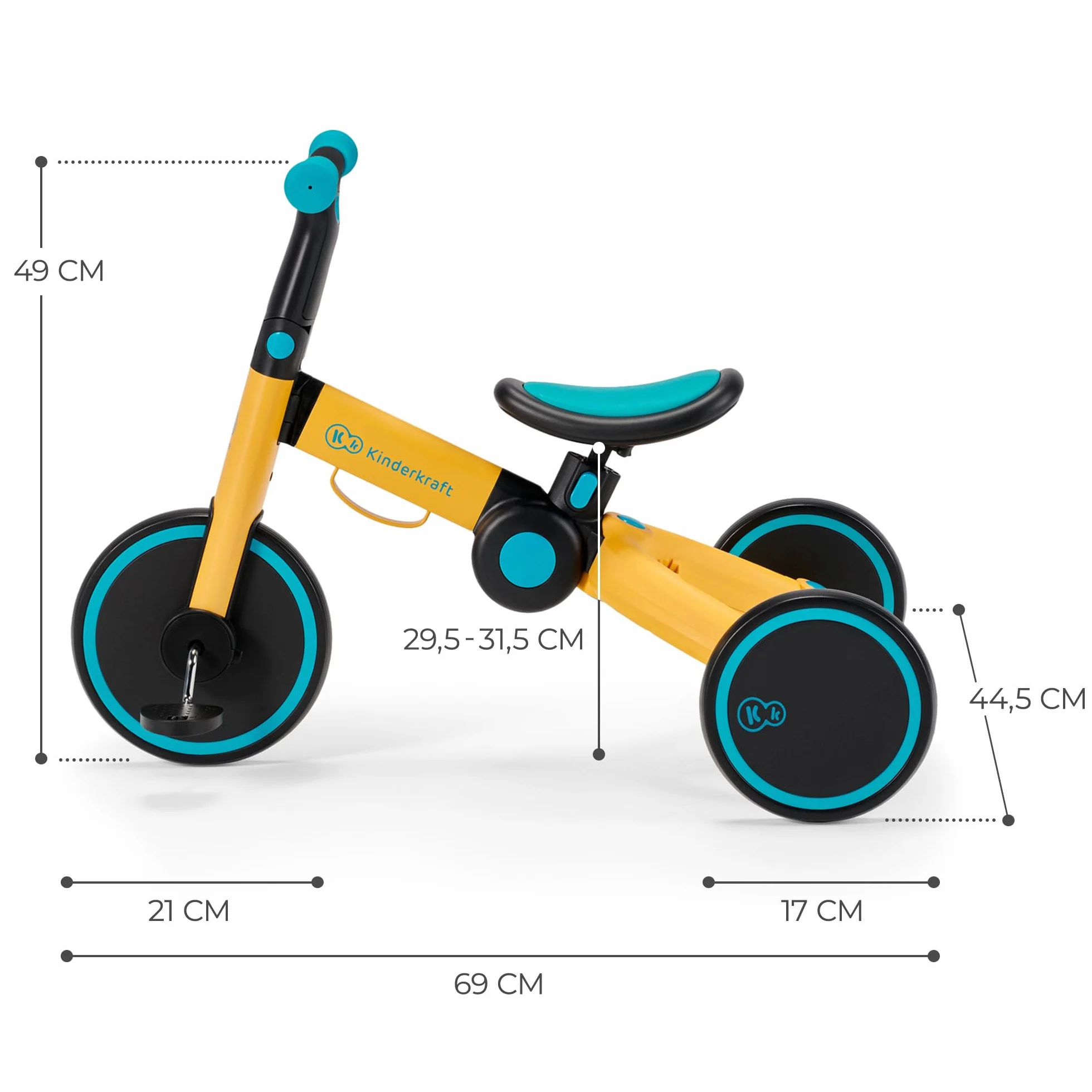 kk Kinderkraft, 4TRIKE Triciclo 3 en 1, Minibicicleta, Bicicleta sin Pedales, Bicicleta bebé, para niños, Minitriciclo de Equilibrio, Plegable, Asiento Ajustable, 12 meses - 5 años, 25 kg, Amarillo