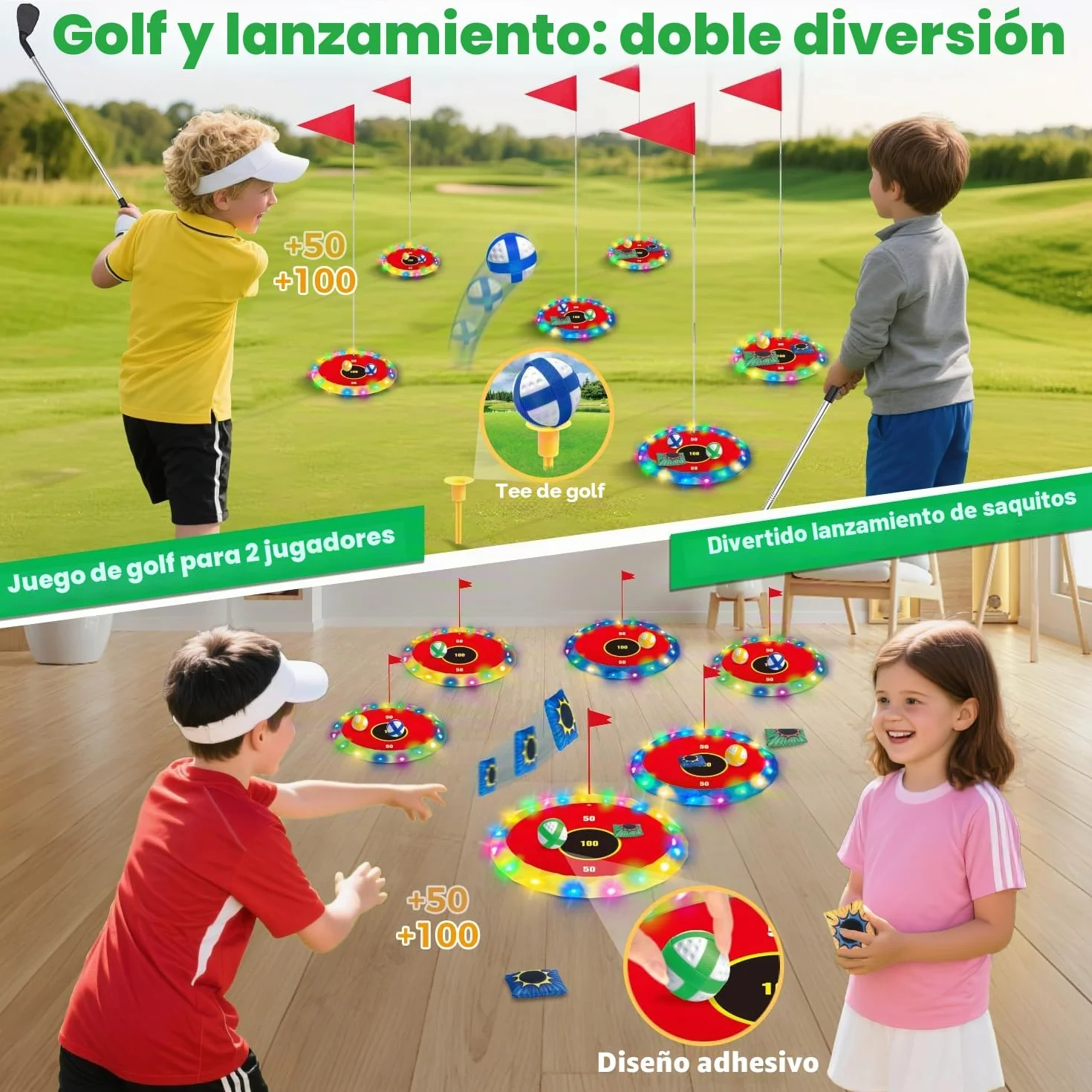 VATOS Juego de golf 2 en 1 con luz para niños - Juego de golf de astillado y lanzamiento de bolsa de puf con 6 objetivos LED, 2 palos, 18 bolas, juego de golf nocturno para fiesta en interiores al