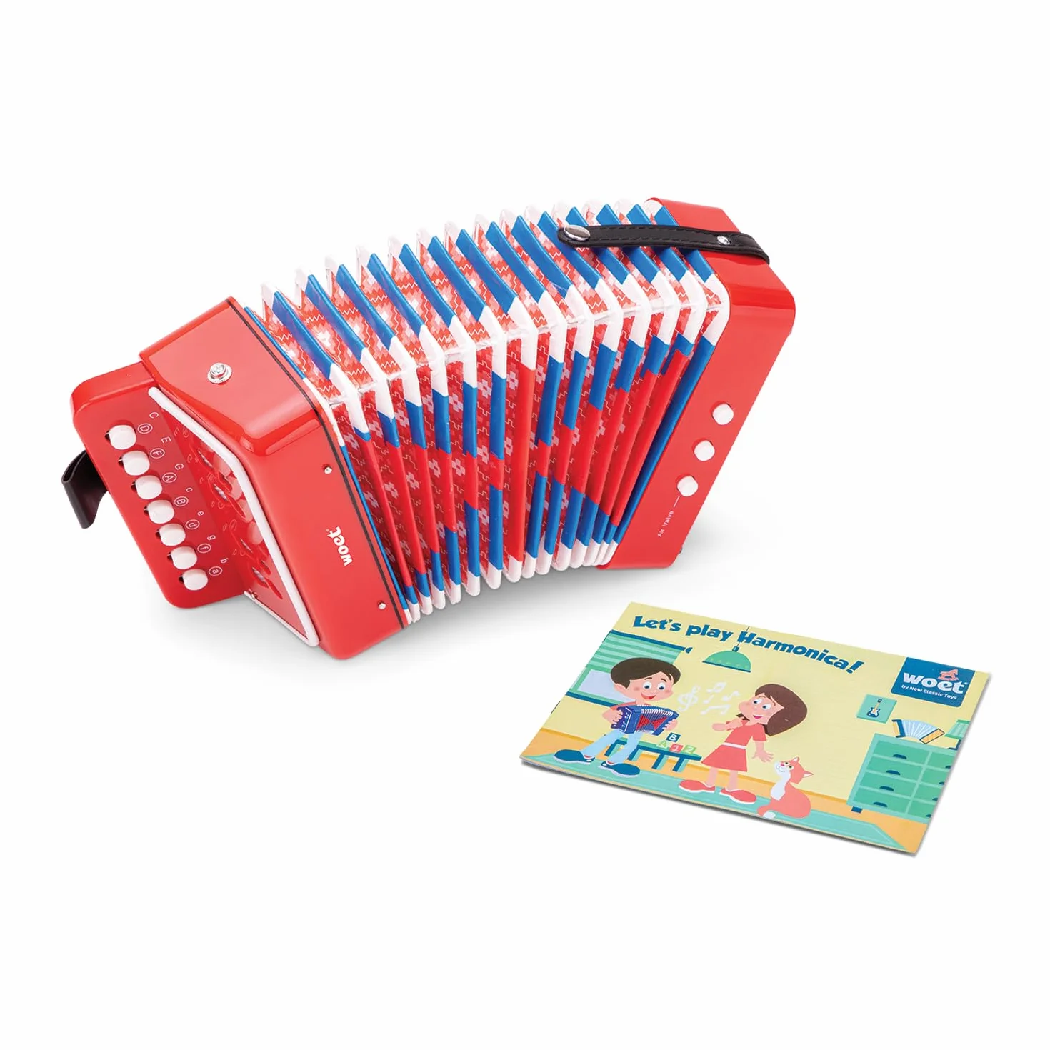 Woet® Acordeón de Juguete Rojo para Niños, Instrumento Musical con Libro de Canciones y 8 Canciones, Juguete Educativo para Principiantes, Desarrollo Musical, A Partir de 3 Años