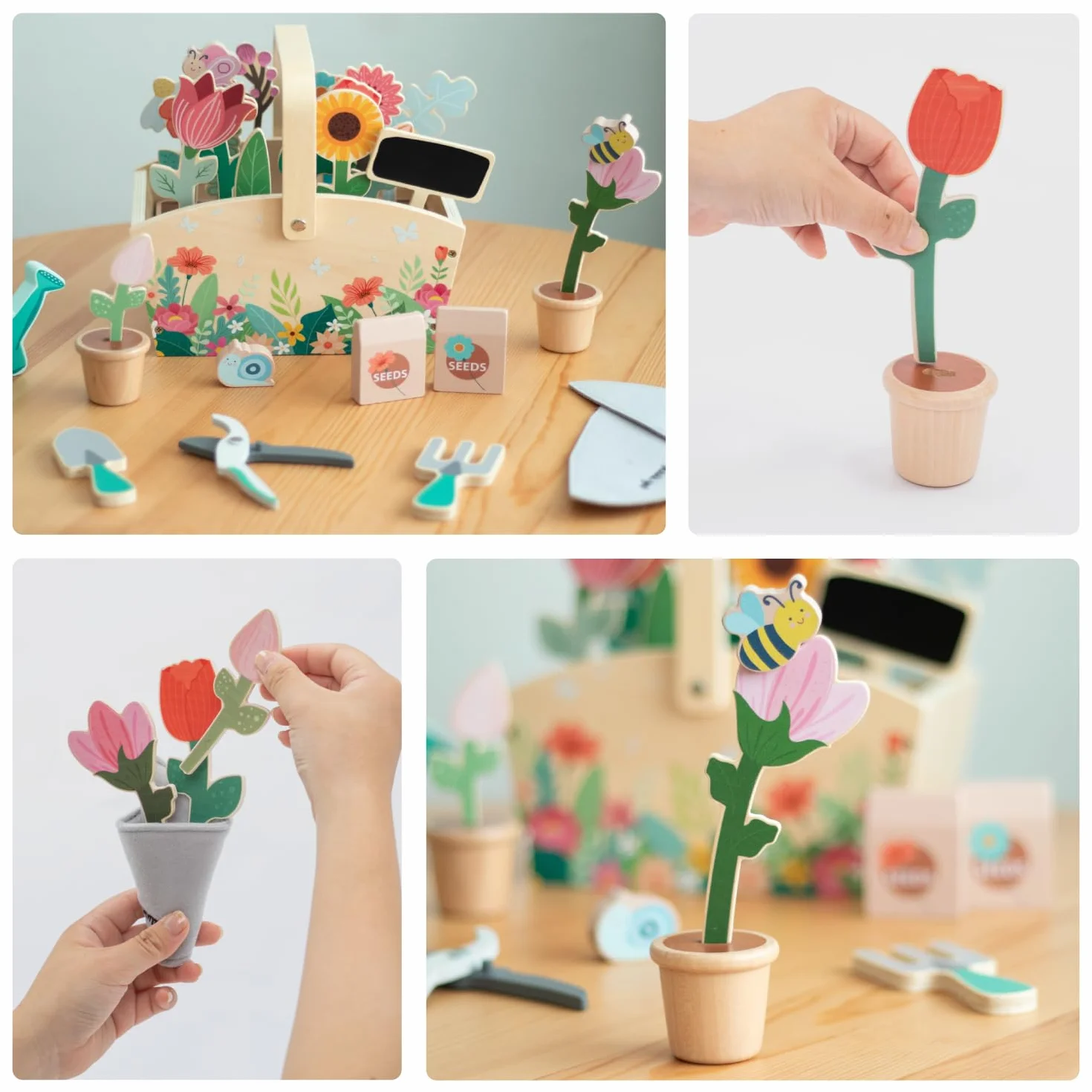 umu® Juego de jardín de madera para niños con accesorios – Juguetes de jardín para niños, juego de herramientas de jardín para niñas y niños, regadera, pala, rastrillo, juguete educativo a partir de