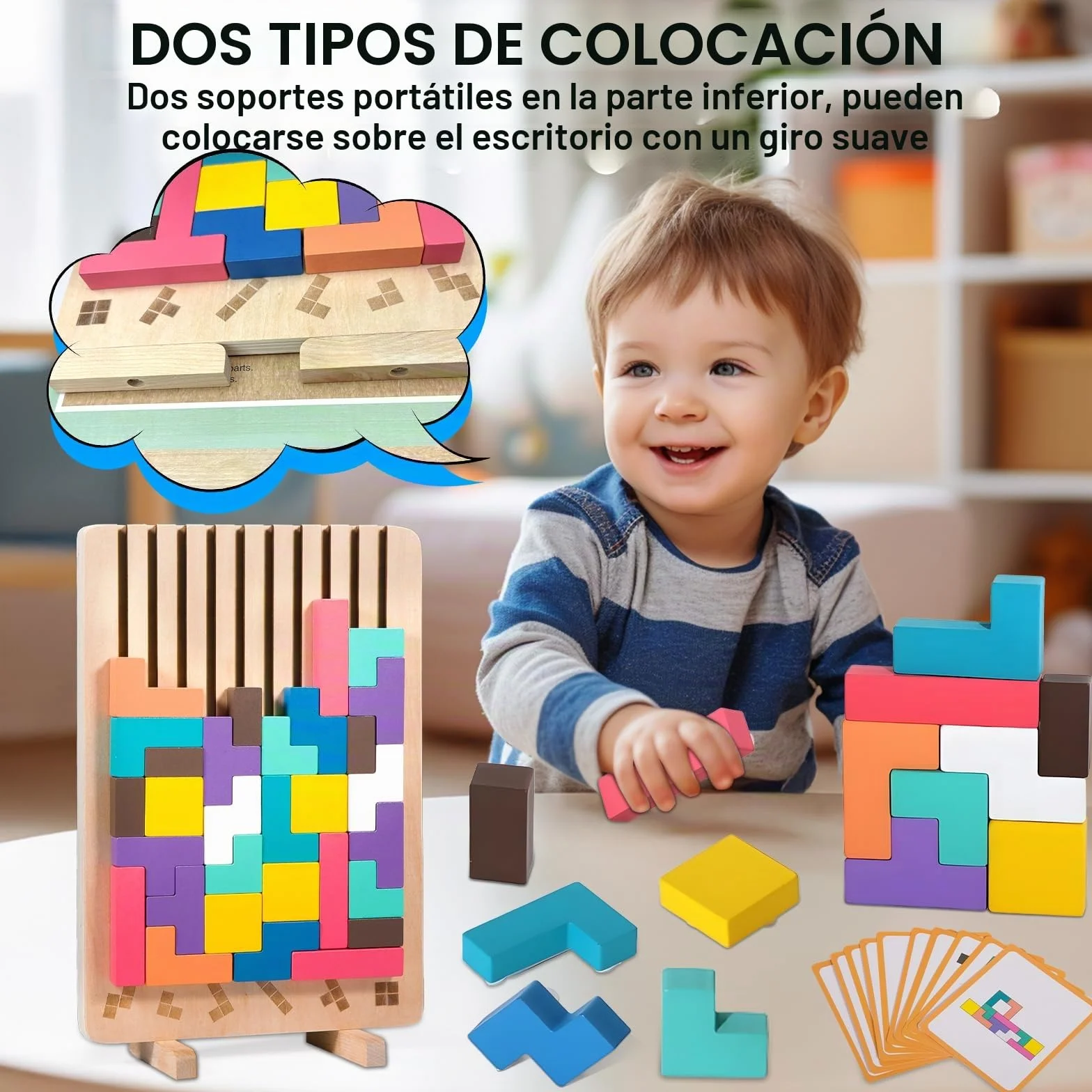 ZLPBAO Puzzle de Madera Tetris con 10 Tarjetas y Bolsa de Almacenamiento, Rompecabezas Niños, Tetris Puzzle 3D Madera,Juguetes Sensoriales, Juegos Montessori 3 4 5 6 Años