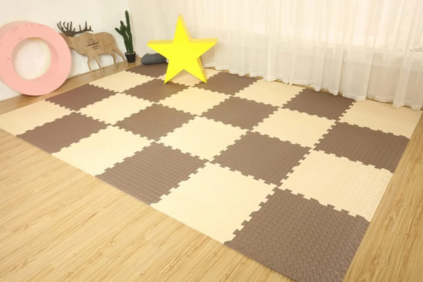 18 Piezas Alfombra Puzzle para Niños Bebe Infantil, Puzzles de Suelo de Goma EVA Suave, Alfombras de Juego, Alfombrillas para Puzzles 30x30x1,2 cm, Beige + Marrón
