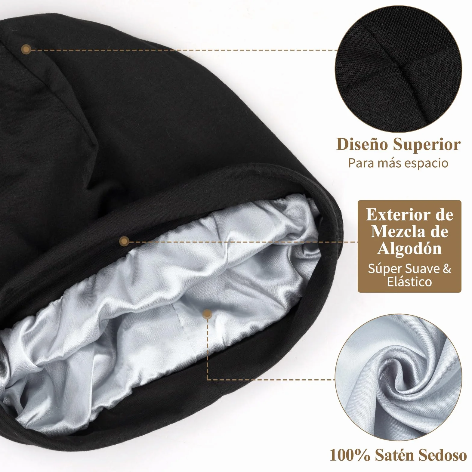 Gorro Satén para Dormir con Forro de Satén Ajustable Unisex Slouch Beanie Suave