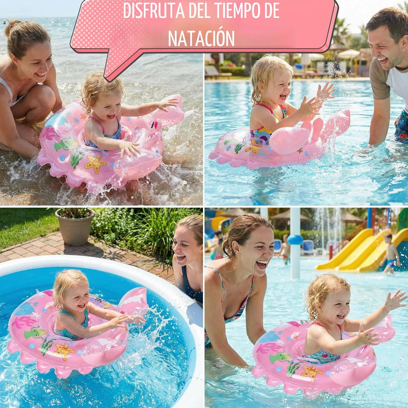 Ninonly Flotador Bebe Anillo de Natación Inflable Asiento con Bomba de Aire,2Parches de Reparación para Niños de 12 a 36 Meses Baño y Entrenamiento de Natación,Piscina,Playa,Bañera (Rosa Cangrejo)