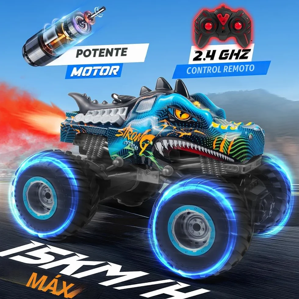 Coche teledirigido 1:16 RC Dinosaurios Monster Truck 2.4GHz 20 Km/h Radiocontrolado Todo Terreno con Niebla rociadora música Luces LED Regalo para niños de 4 5 6 8 años