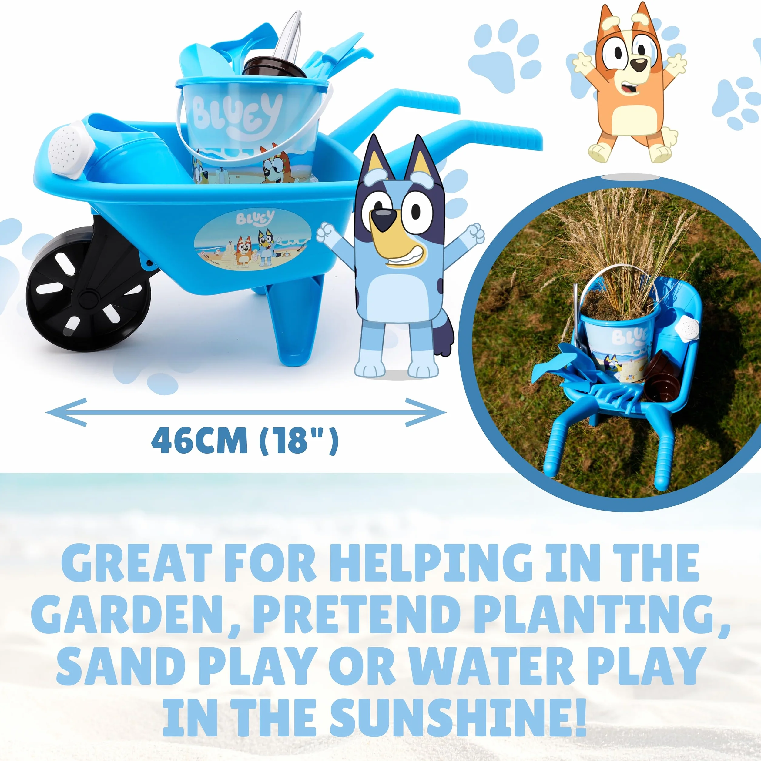 Toyland® Juego de jardinería Bluey de 10 Piezas para niños - Carretilla, regadera, macetas, Herramientas y más - Juego de Juguetes para jardín al Aire Libre - Edad 2+