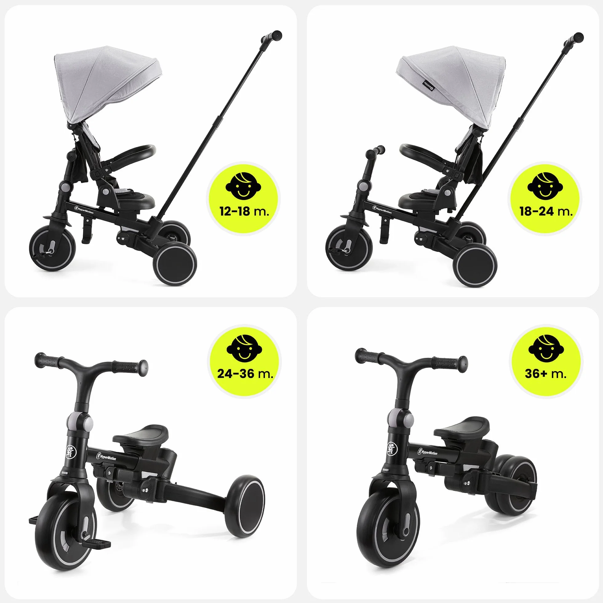 HyperMotion Triciclo Evolutivo 8 en 1 con Asiento Giratorio 360° – Triciclo Bebe Reclinable y Plegable con Capota, Arnés y Barra de Empuje – Trike Infantil para Niños de 1 a 5 Años