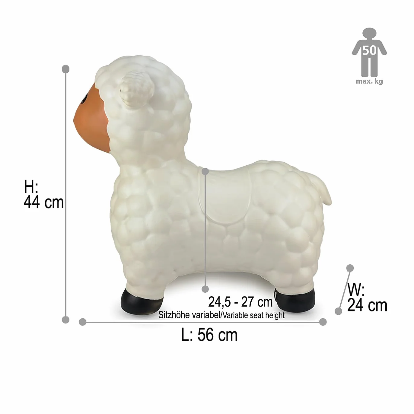Jamara 460590 - Animal Saltarín Oveja Blanca con Bomba – Peso hasta a 50 kg, Orejas como Soporte, Resistente, Promueve el Sentido del Equilibrio, Simple de Limpiar
