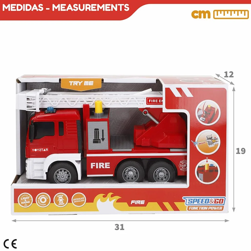 ColorBaby Speed & Go Camión Bomberos Juguete, con Luces y Sonidos, Grúa y Manguera interactivas, Agua de Verdad, Sistema de fricción, Escala 1:14, Rescate, para niños a Partir de 3 años (39063)