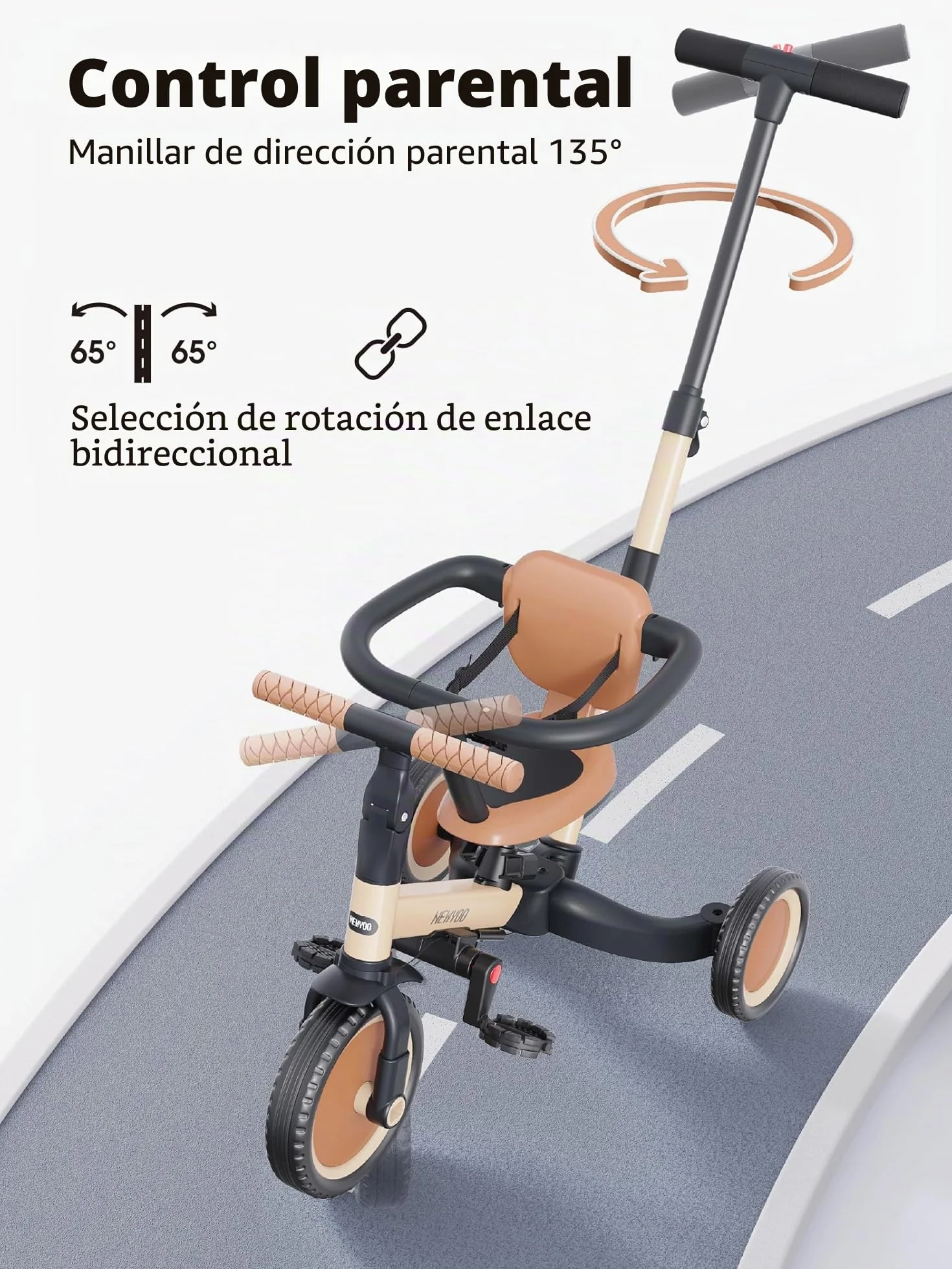 newyoo TR008 Triciclo Evolutivo 5 en 1 para Niños 1-3 Años con Barra de Seguridad y Varilla de Empuje, Regalo de Cumpleaños para Niños y Niñas, Bicicleta de Equilibrio y Juguete Montable, Caqui