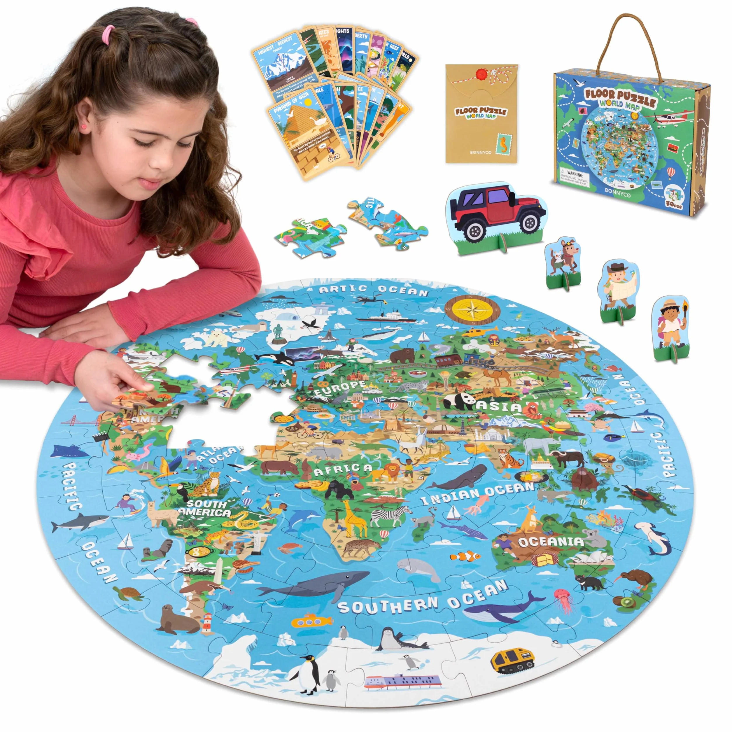 BONNYCO Puzzle XXL Mapa Mundi Niños con 70 Piezas Grandes. Rompecabezas Redondo con Animales, 58 x 58 cm, 15 Tarjetas, 4 Figuras y Guía. Juegos Educativos, Regalos, Juguetes Niños 4 Años