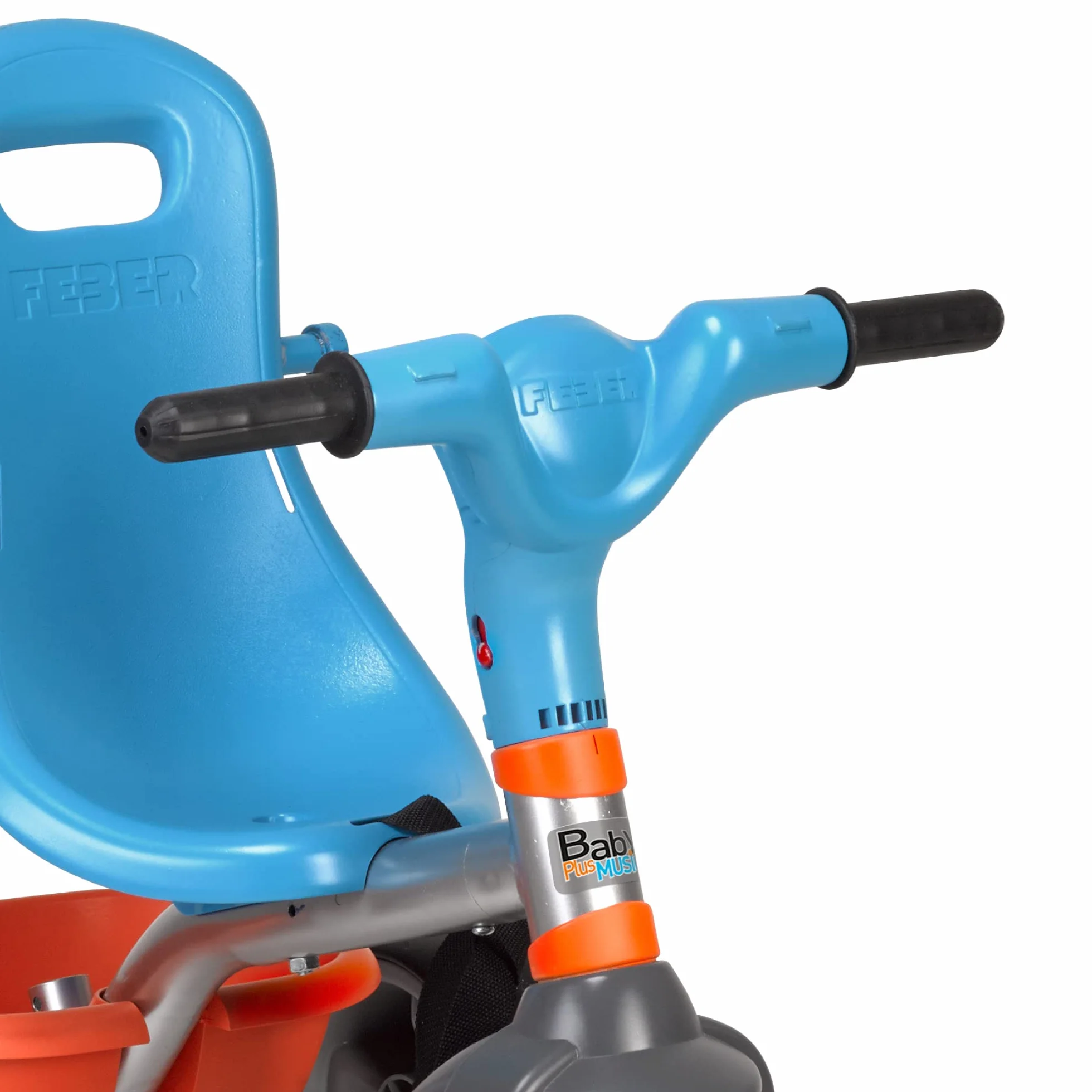 FEBER - Baby Plus Music, Triciclo para Niños con Estructura Metálica y Cinturón de Seguridad, 2 Posiciones, Silla de Empuje y Mando para Música con Altavoz, 9 Meses+, Azul, Famosa (800012100)