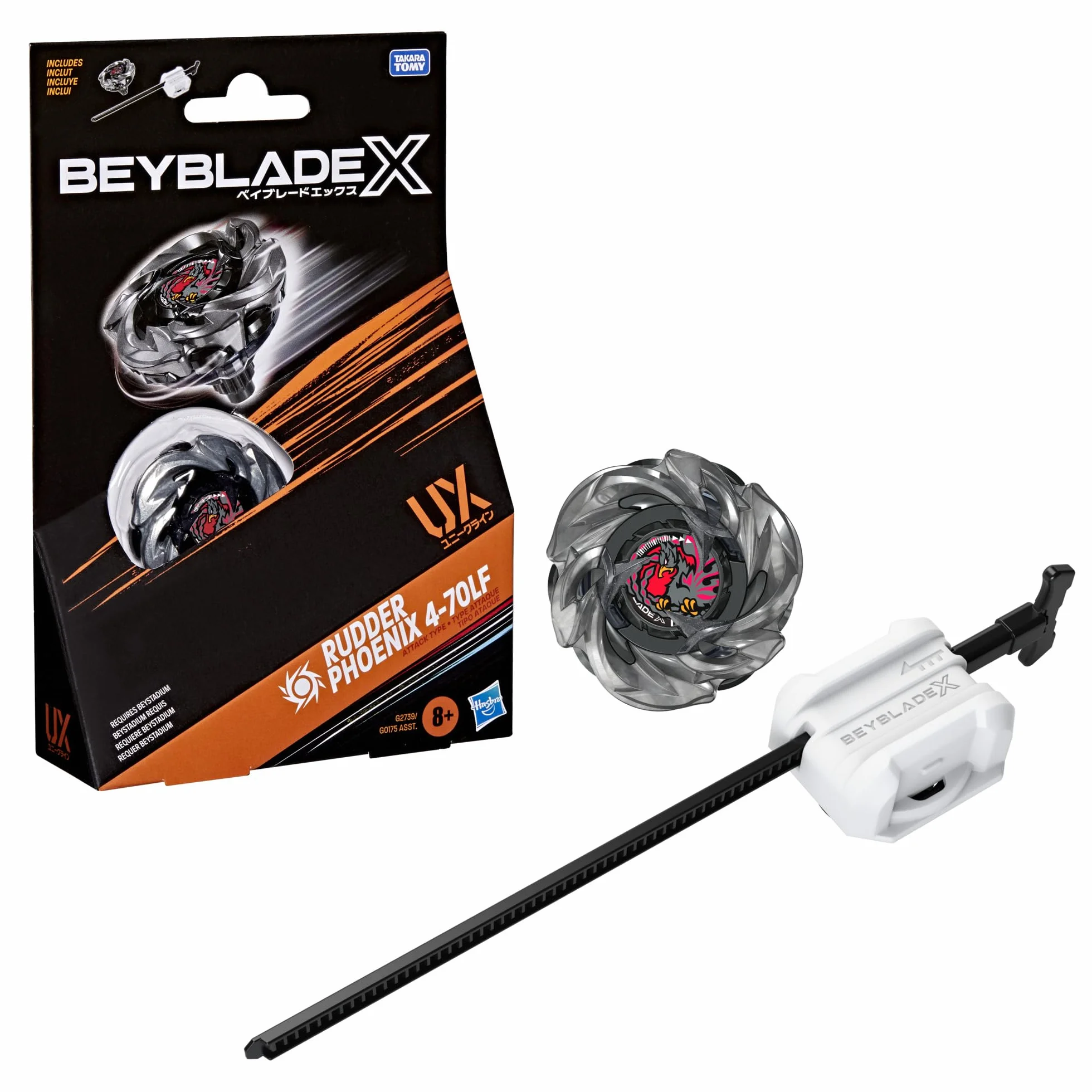 Beyblade X, Rudder Phoenix 4-70LF UX, Kit Inicial con Top Takara Tomy de Tipo Ataque y Lanzador, Juego de Tops de Batalla, A Partir de 8 años