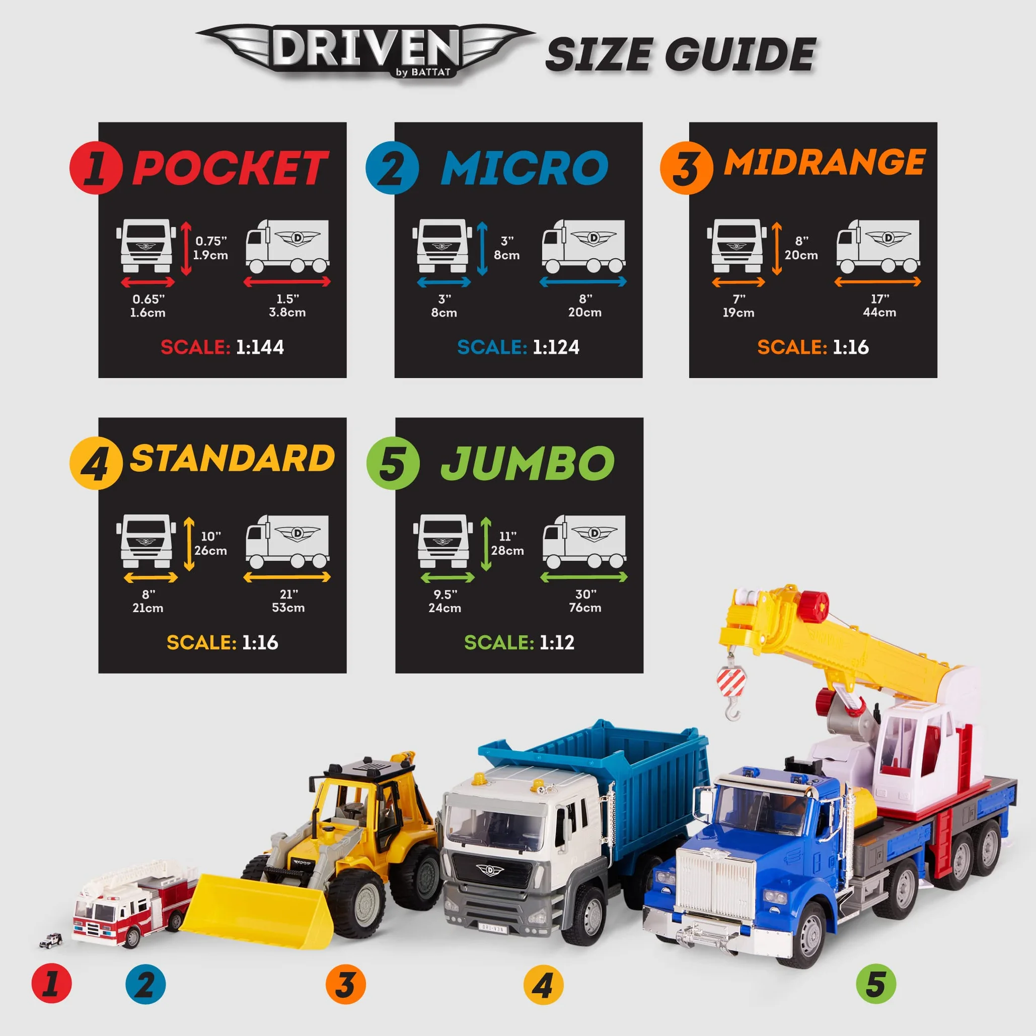 DRIVEN by Battat - Flota de microemergencias - Juego de vehículos de juguete de emergencia para niños - Camión de bomberos de juguete con grúa - 3 años +