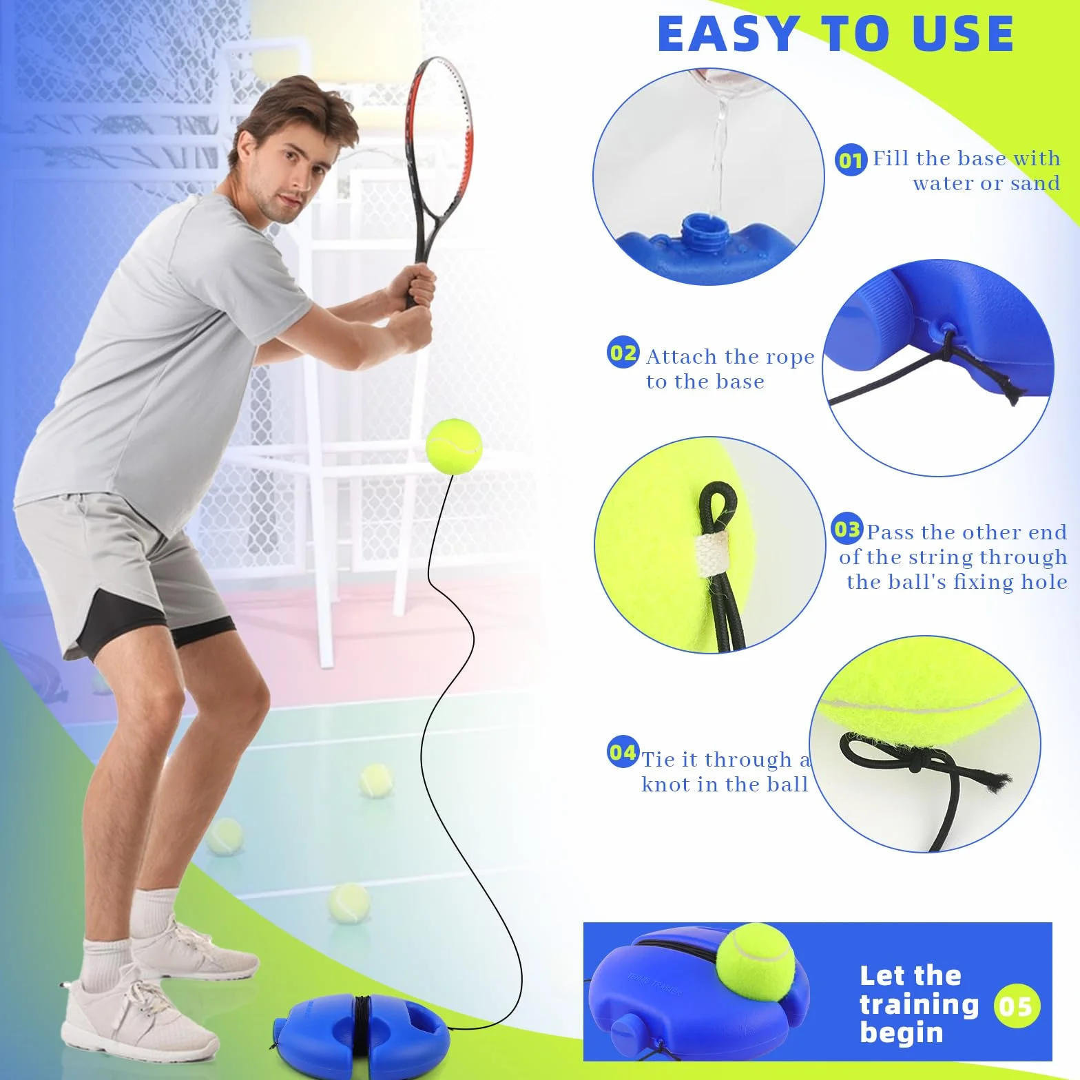 ELNLE Entrenador de tenis con 2 bolas de repuesto y cuerda para entrenamiento al aire libre