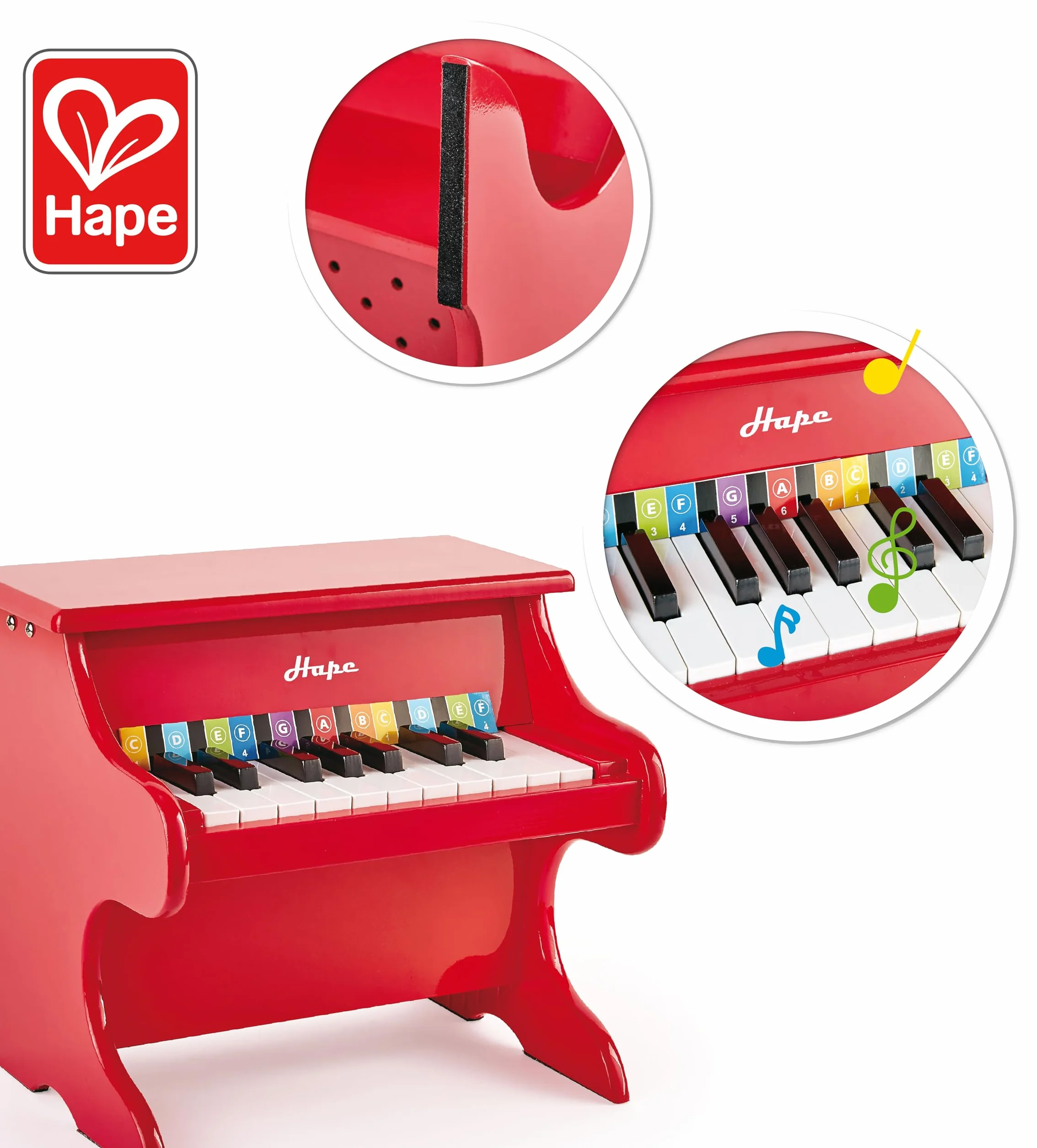 Hape Mini Piano, Mini Instrumento Musical de Madera de Juguete con 18 Teclas, Rojo