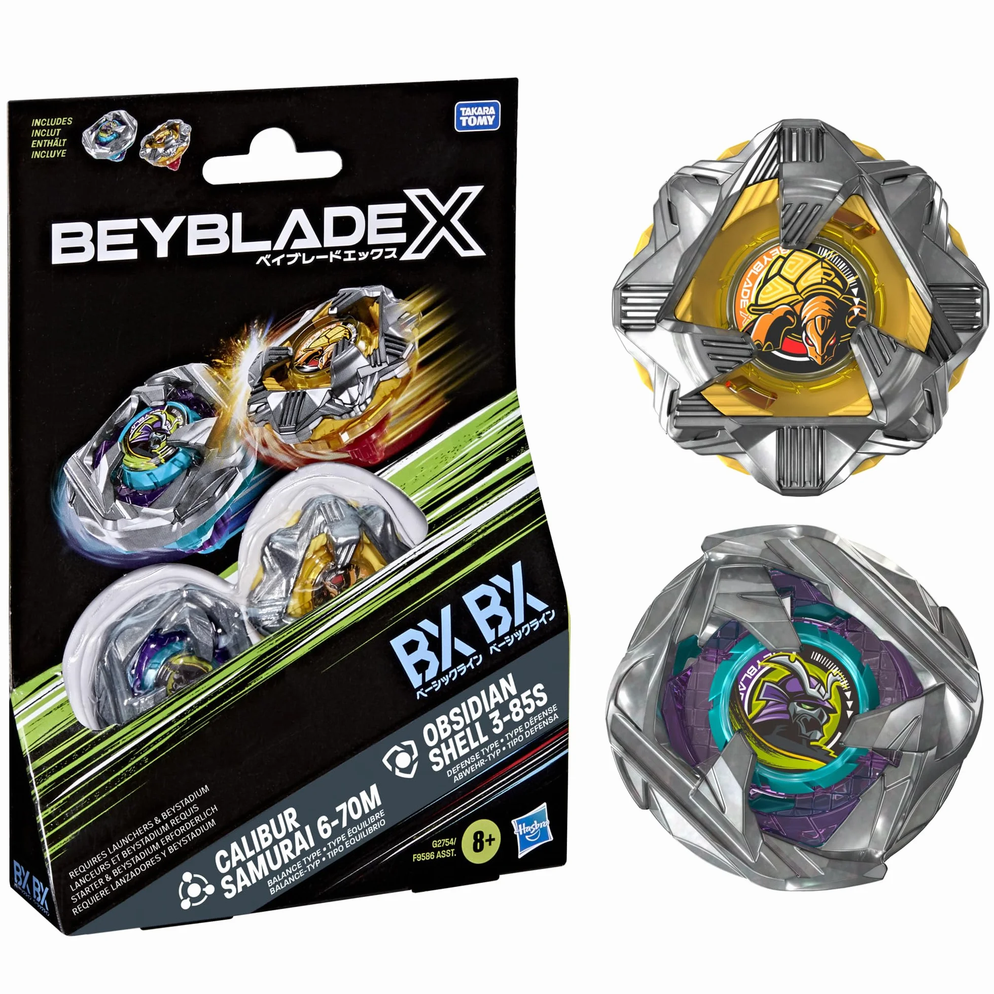 Beyblade X, Pack Doble Calibur Samurai 6-70M Bx y Obsidian Shell 3-85S Bx Takara Tomy con 2 Tops de rotación Derecha, Tops de Batalla, A Partir de 8 años