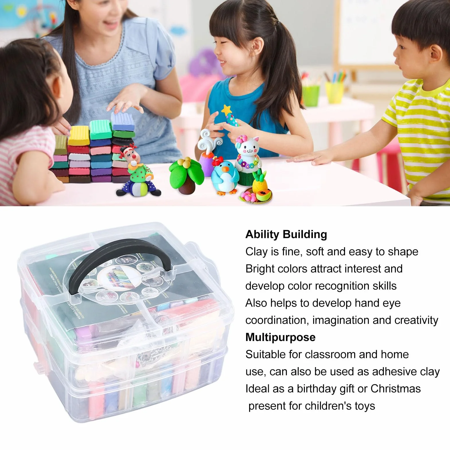 50 Colores Juego de Arcilla para Modelar, Kit Inicial de Arcilla Polimérica Segura y Ecológica, Ideal para Niños +3 Años, con 5 Herramientas y Caja de Almacenamiento